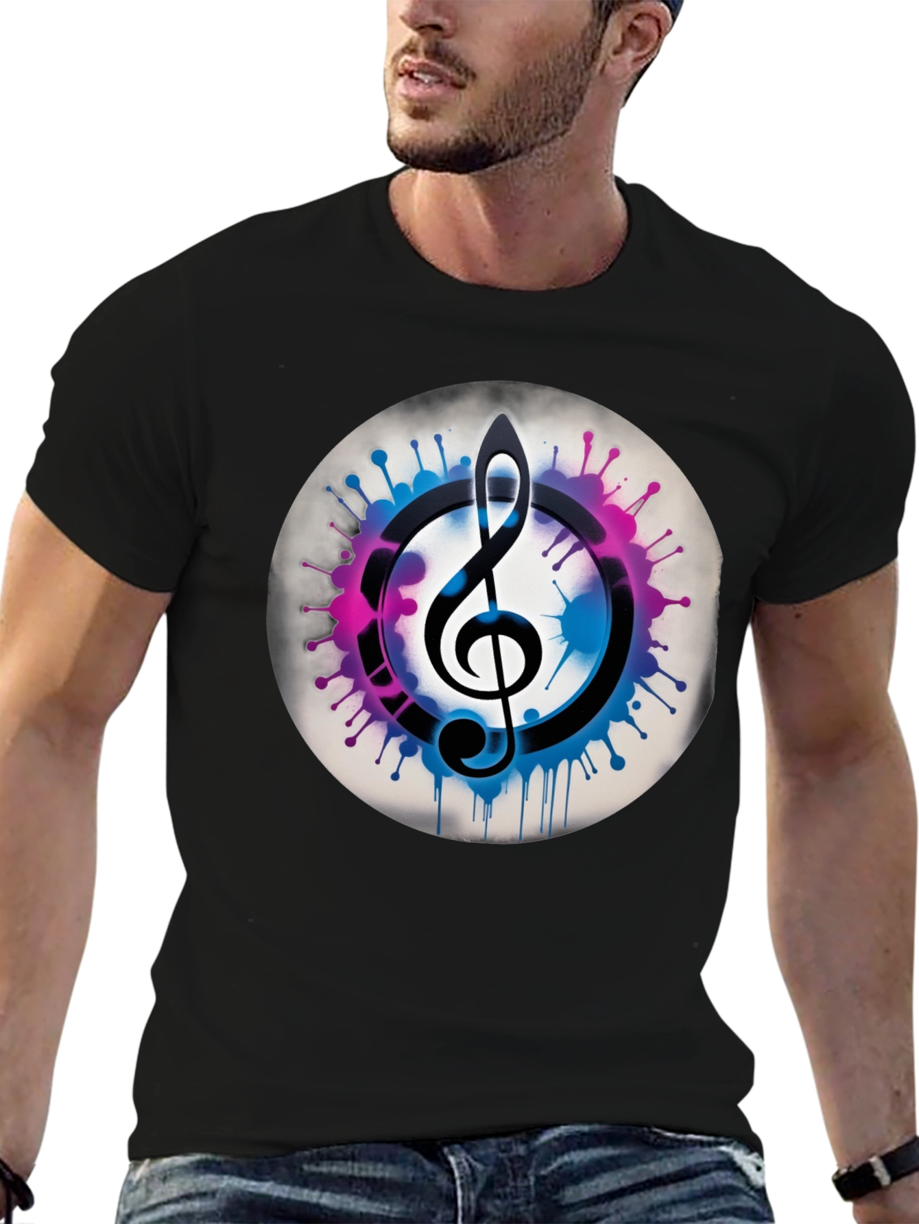 Camiseta Negra con Clave de Sol Musical Abstracta