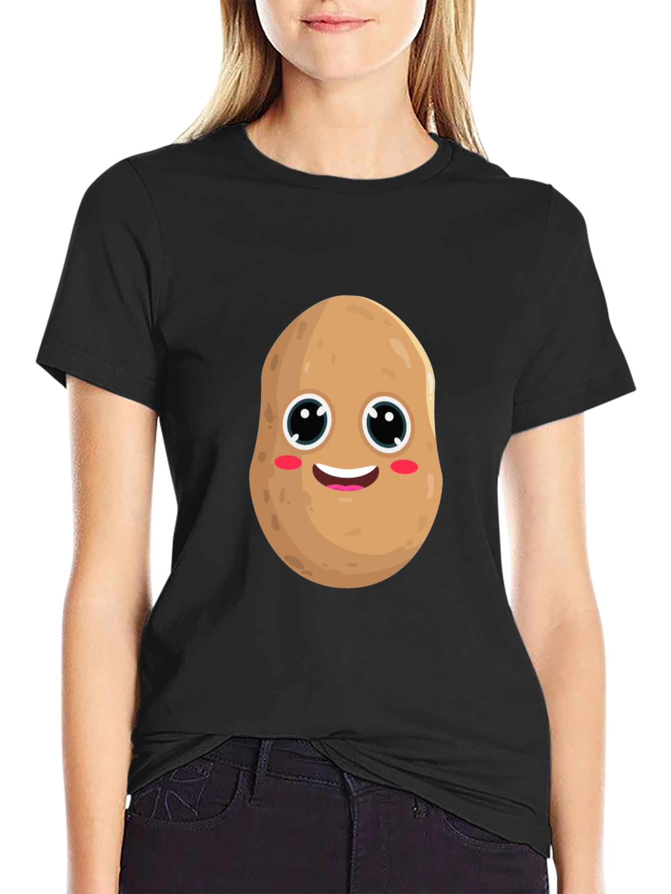 Camiseta Negra con Diseño de Patata Sonriente