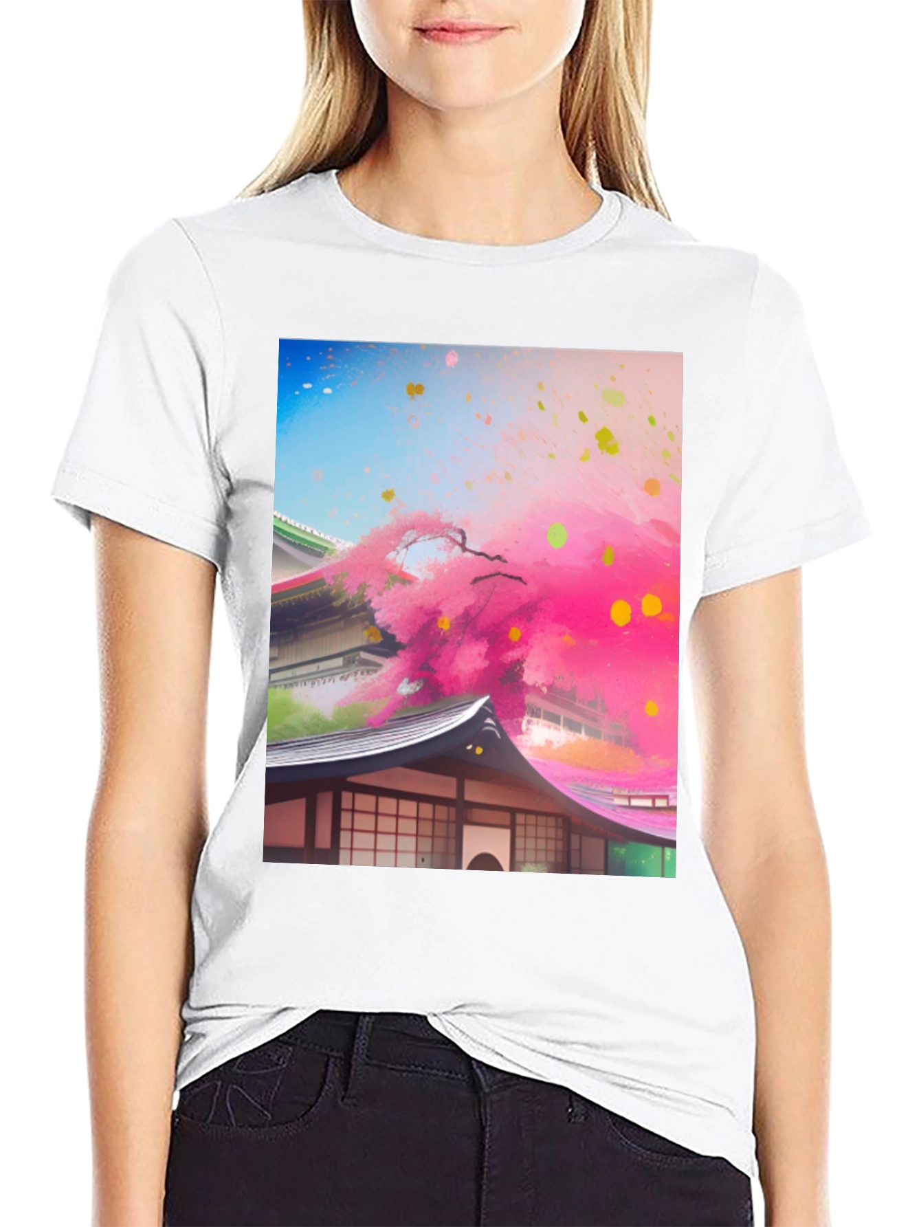 Camiseta Negra con Diseño Japonés Floral