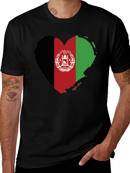 Camiseta Negra con Bandera de Afganistán en Forma de Corazón