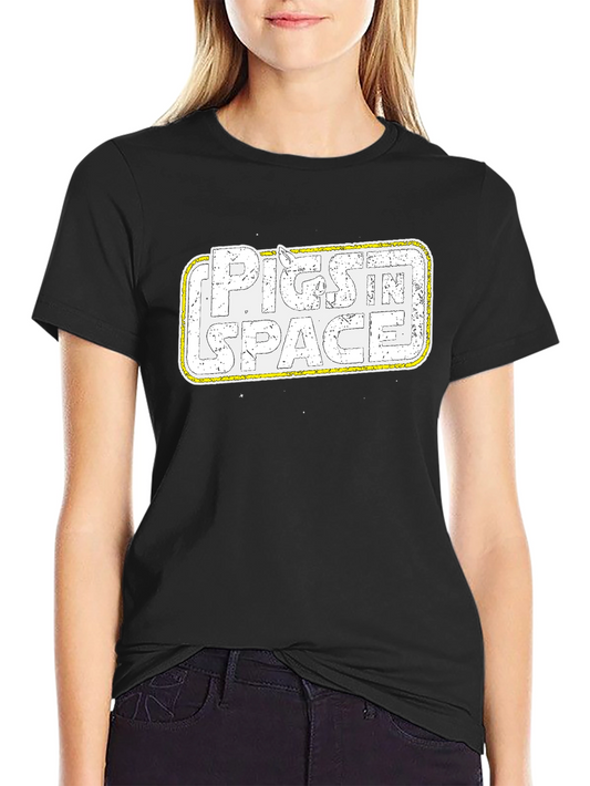 Camiseta Negra Cerdos en el Espacio Retro