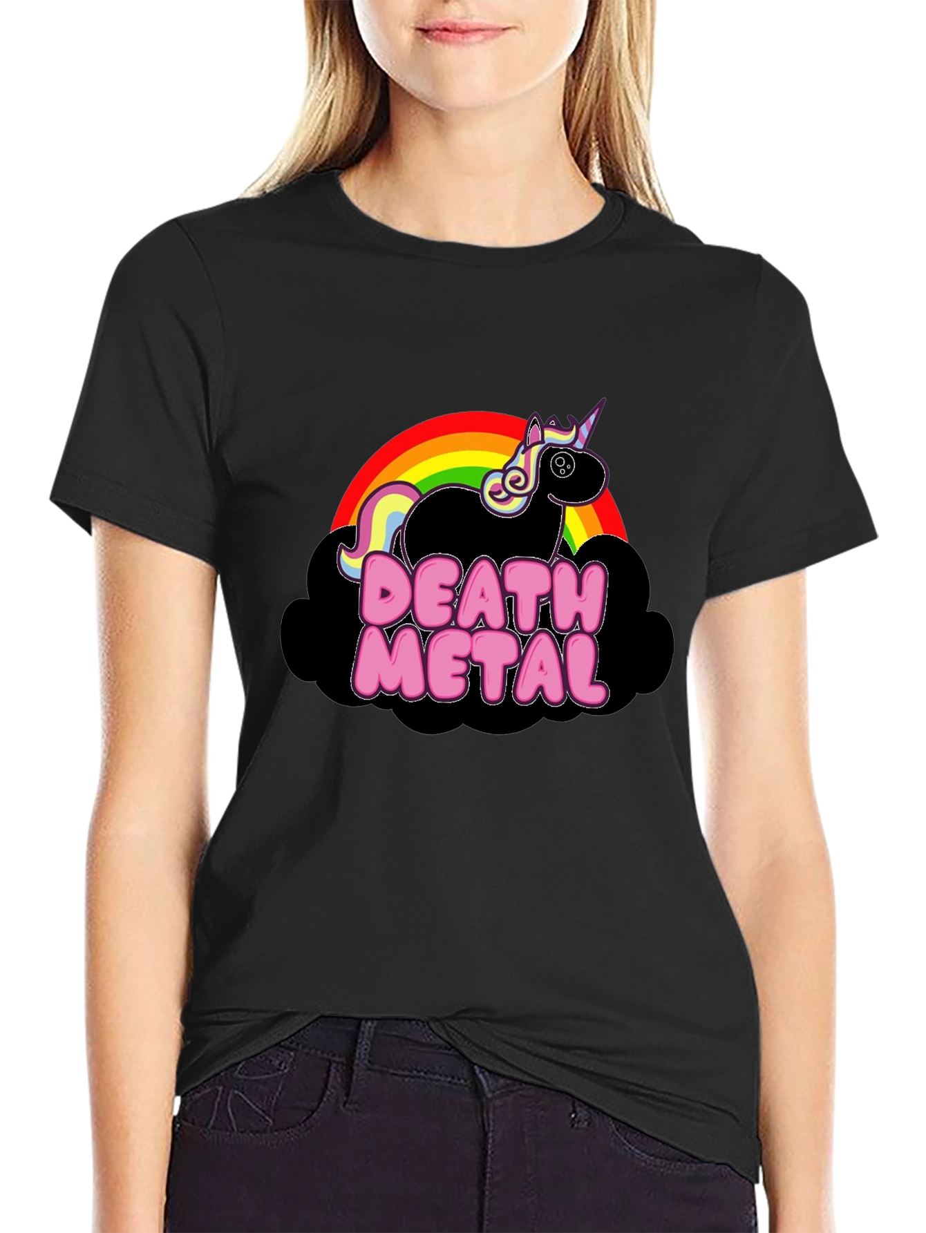 Camiseta Negra Unicornio Death Metal Arcoíris