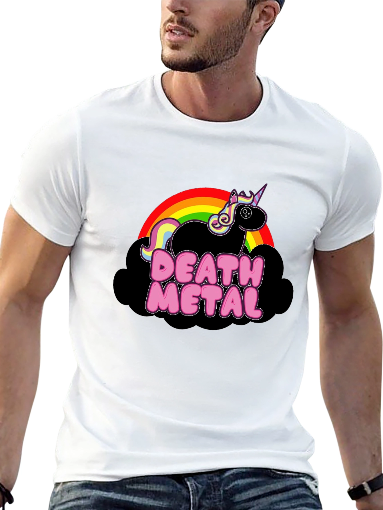Camiseta Negra Unicornio Death Metal Arcoíris