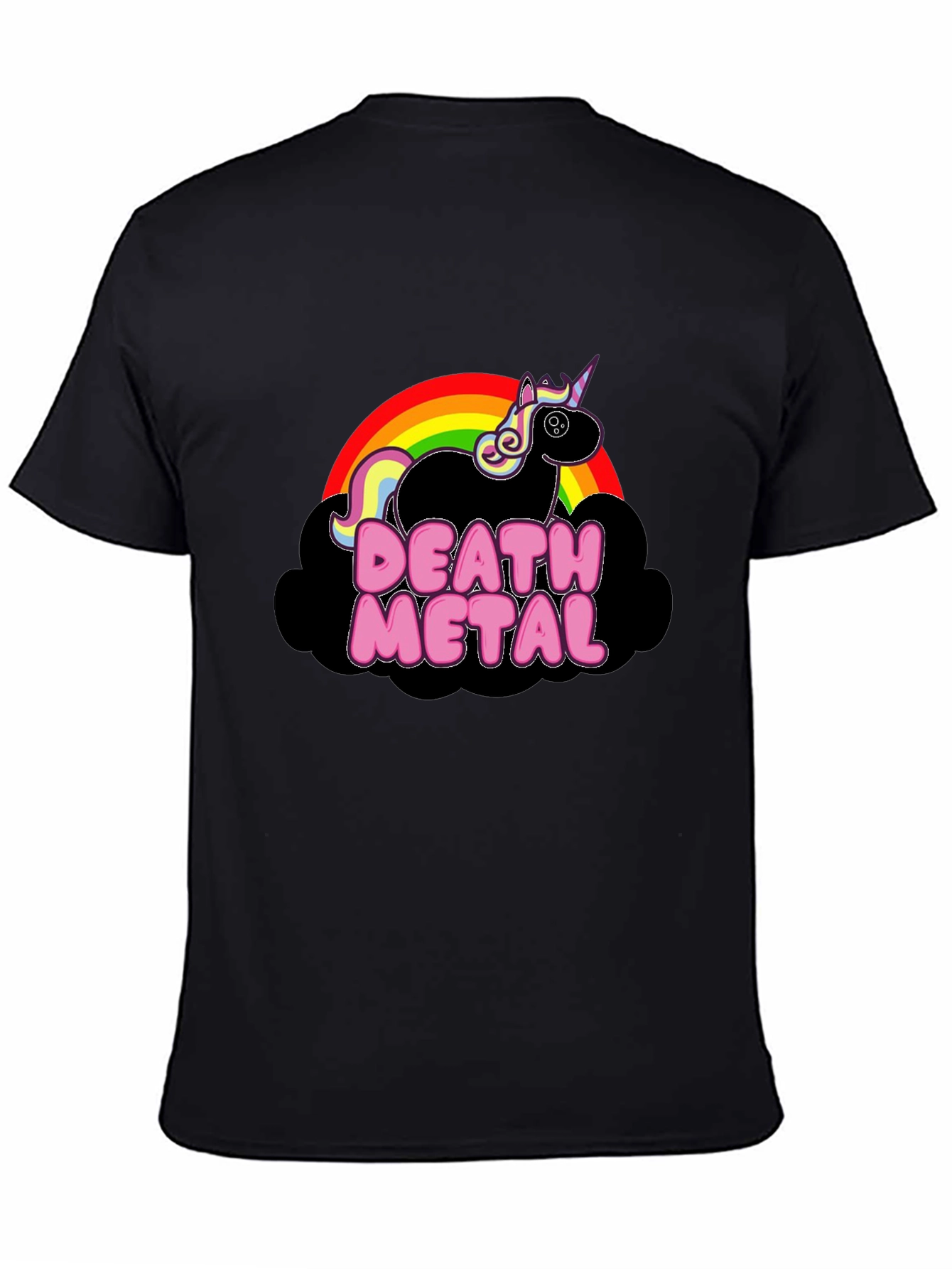 Camiseta Negra Unicornio Death Metal Arcoíris