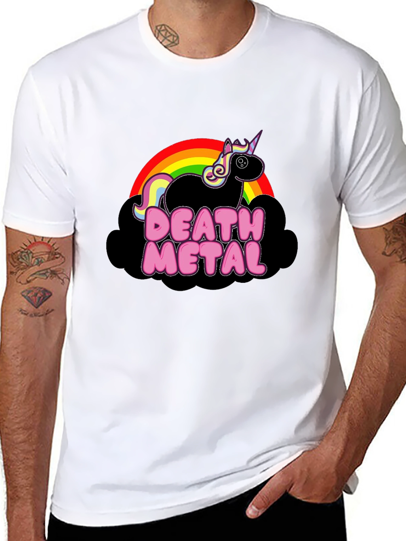 Camiseta Negra Unicornio Death Metal Arcoíris