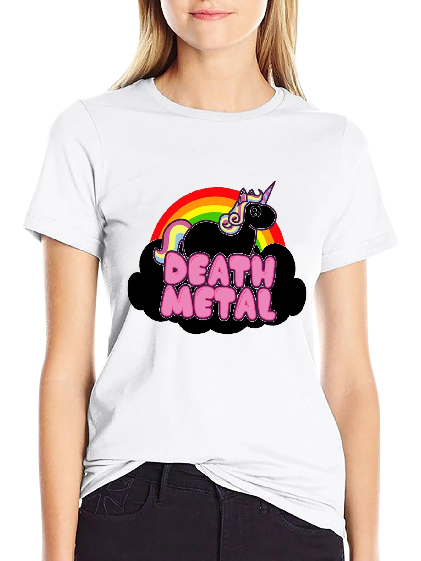 Camiseta Negra Unicornio Death Metal Arcoíris