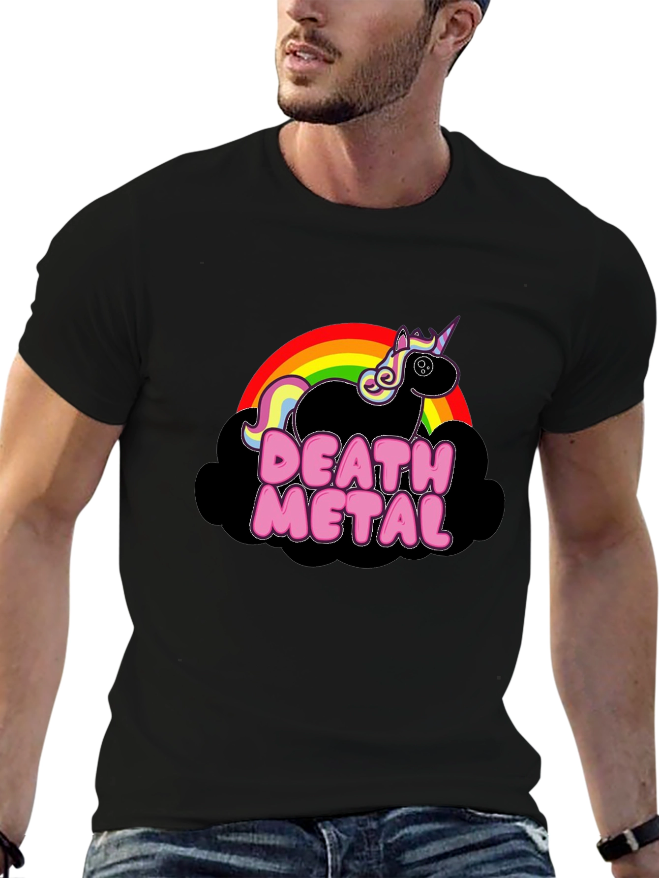 Camiseta Negra Unicornio Death Metal Arcoíris