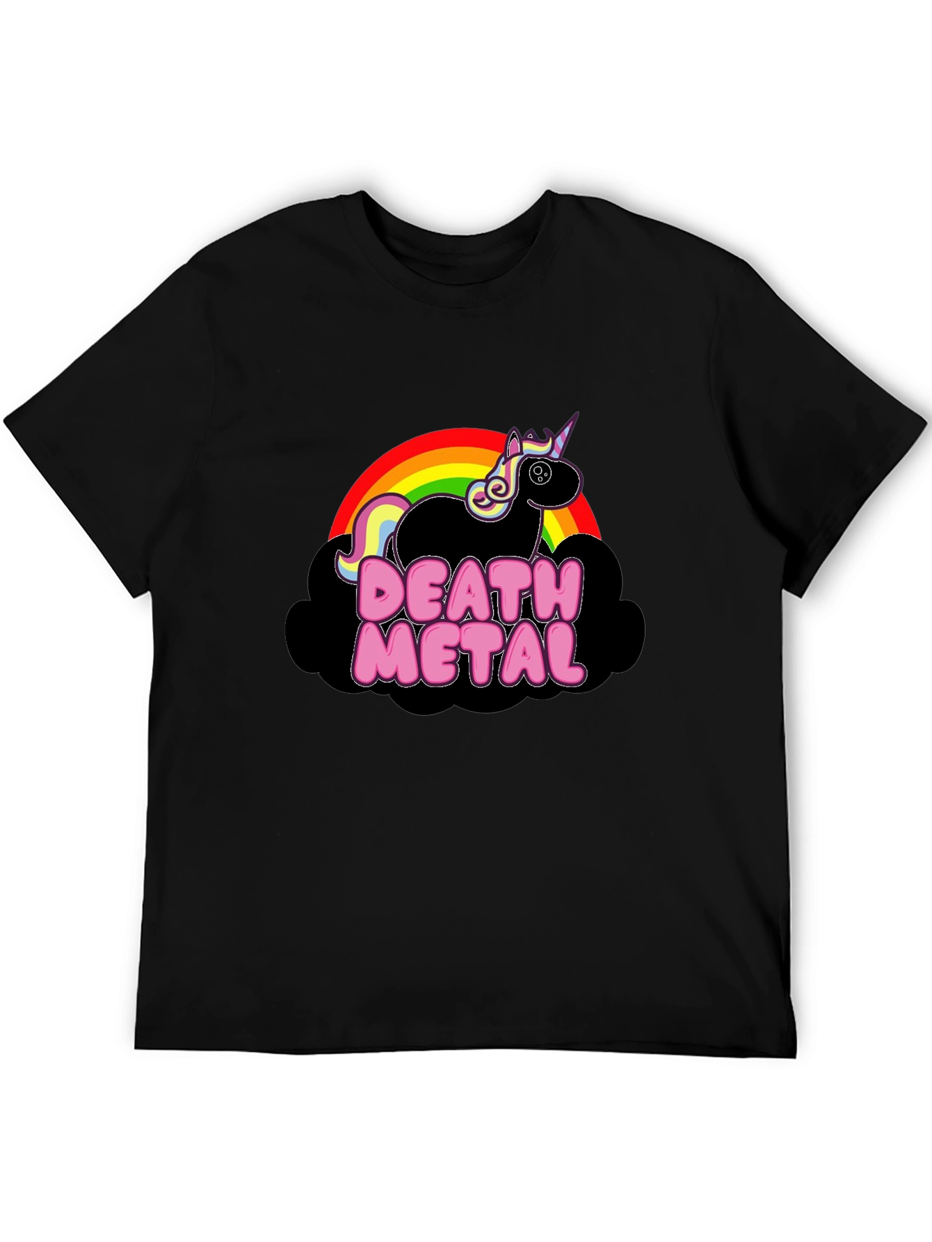 Camiseta Negra Unicornio Death Metal Arcoíris