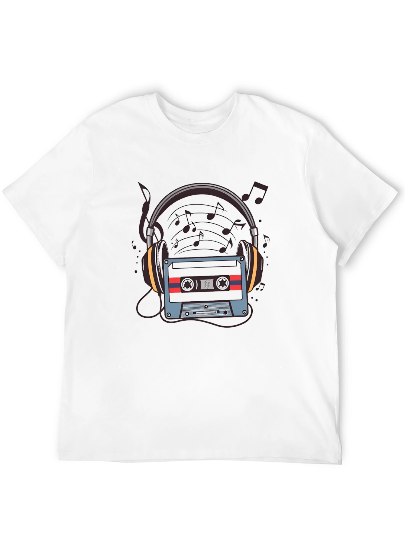 Camiseta Negra con Diseño de Cassette y Audífonos