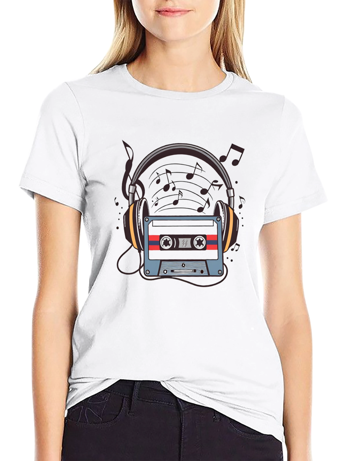 Camiseta Negra con Diseño de Cassette y Audífonos