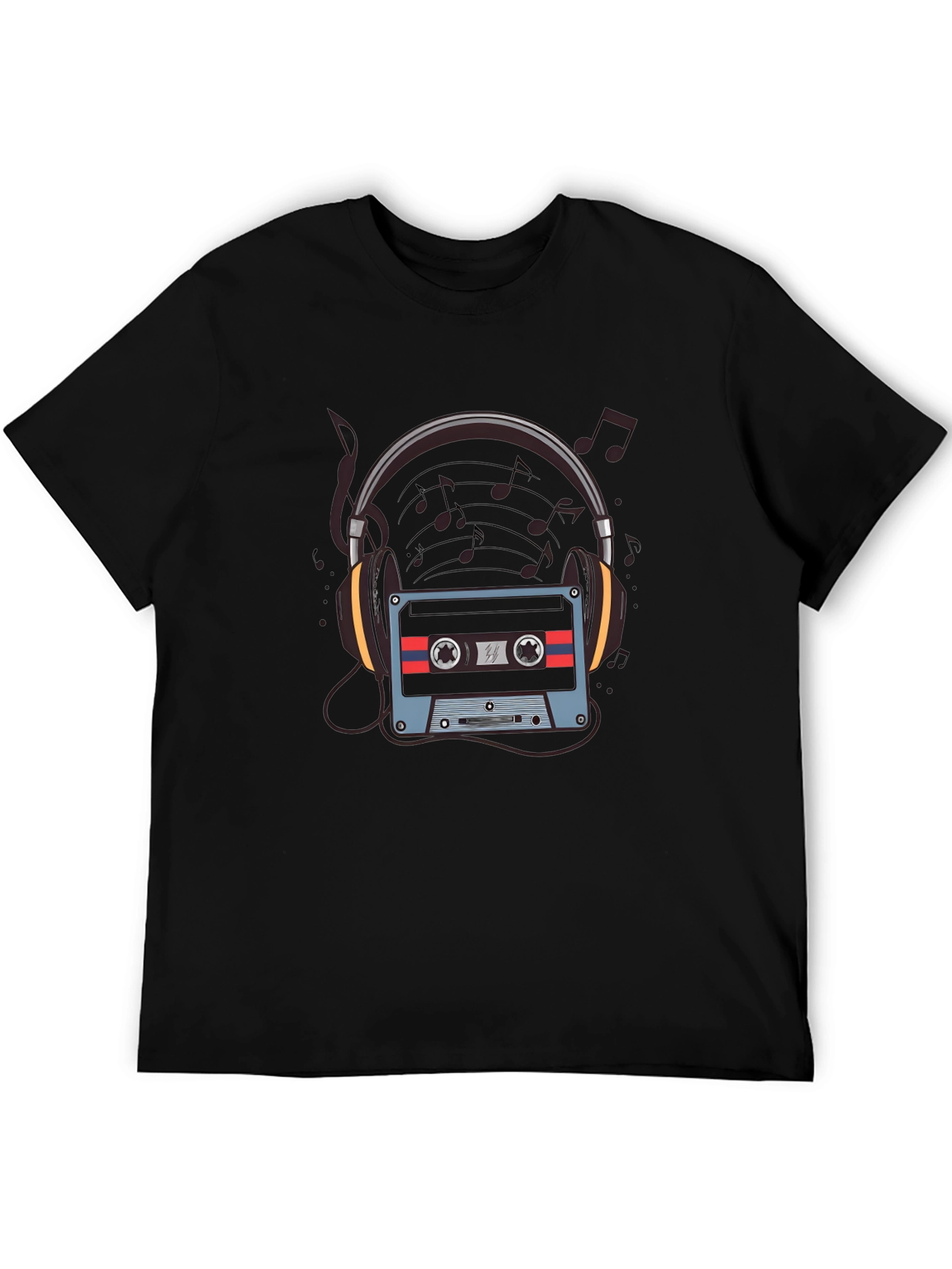 Camiseta Negra con Diseño de Cassette y Audífonos