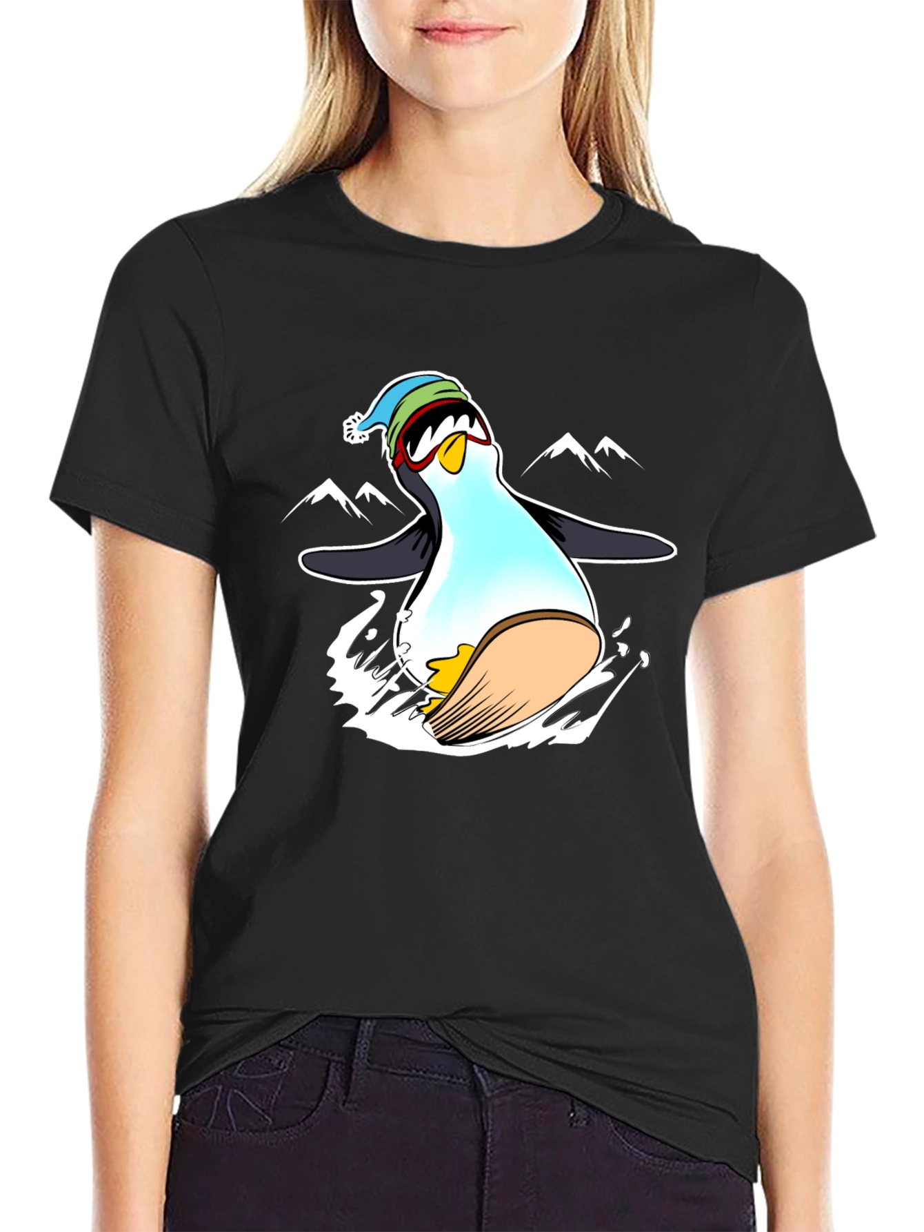 Camiseta Negra con Diseño de Pingüino Esquiador