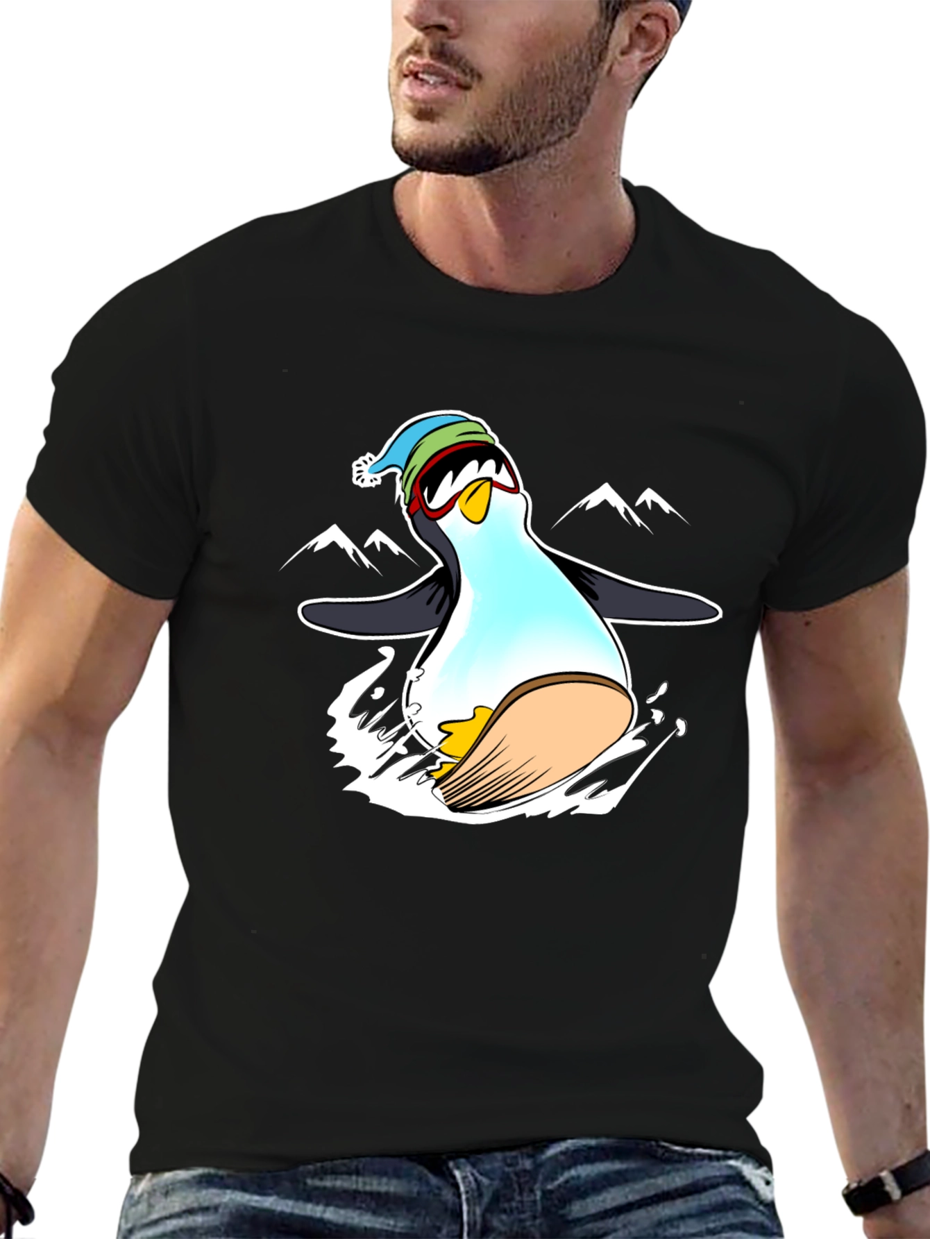 Camiseta Negra con Diseño de Pingüino Esquiador