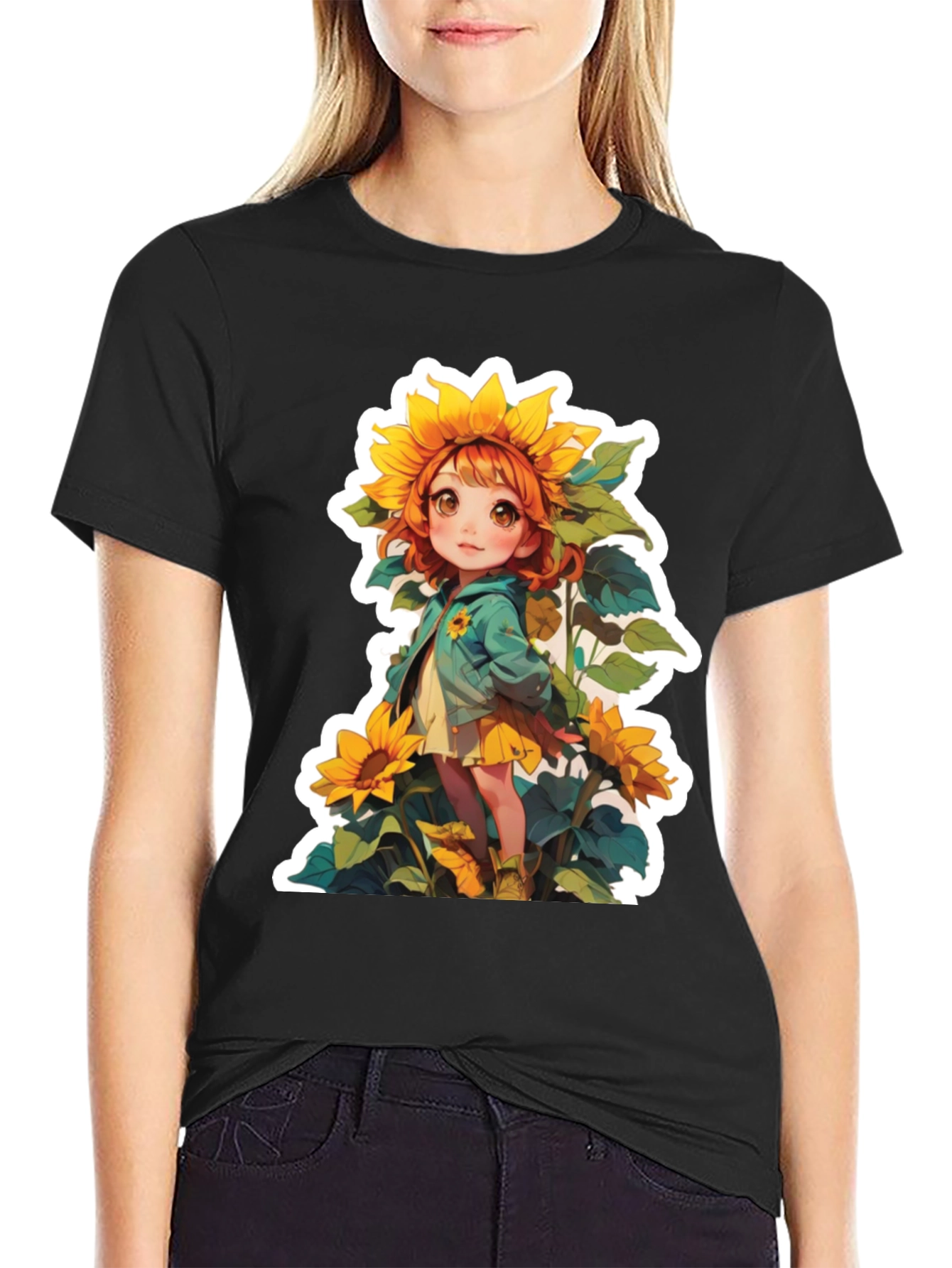 Camiseta Negra con Diseño de Niña Girasol