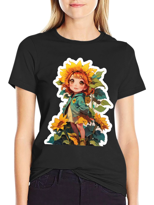 Camiseta Negra con Diseño de Niña Girasol