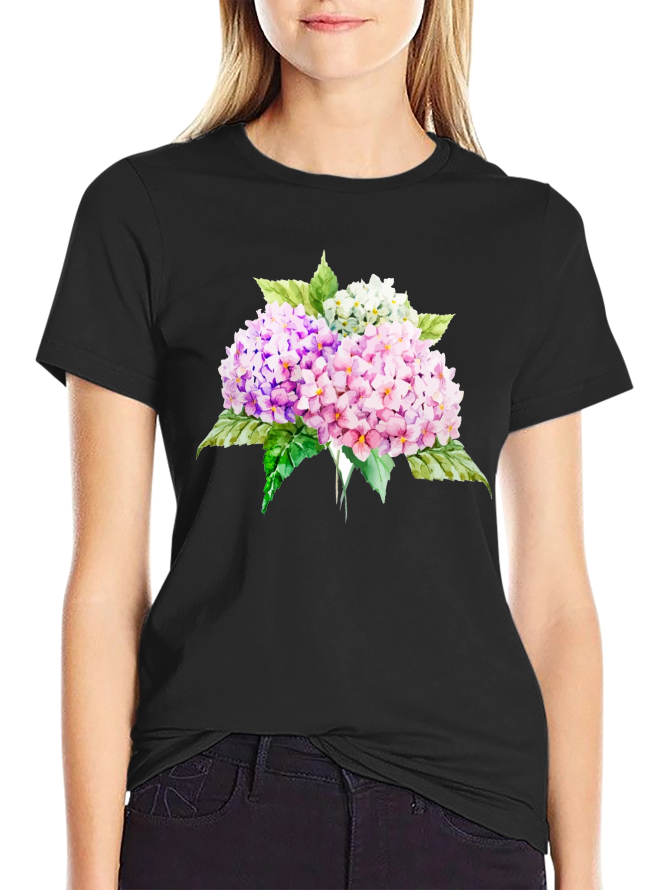 Camiseta Negra con Estampado Floral Hortensias