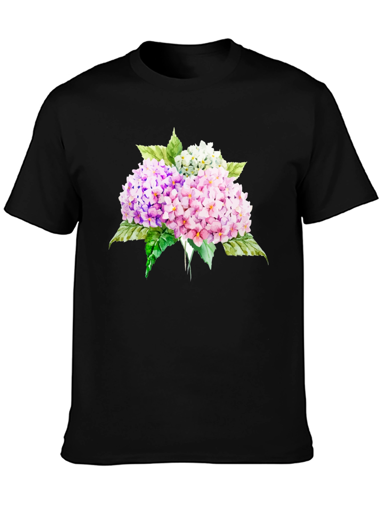 Camiseta Negra con Estampado Floral Hortensias