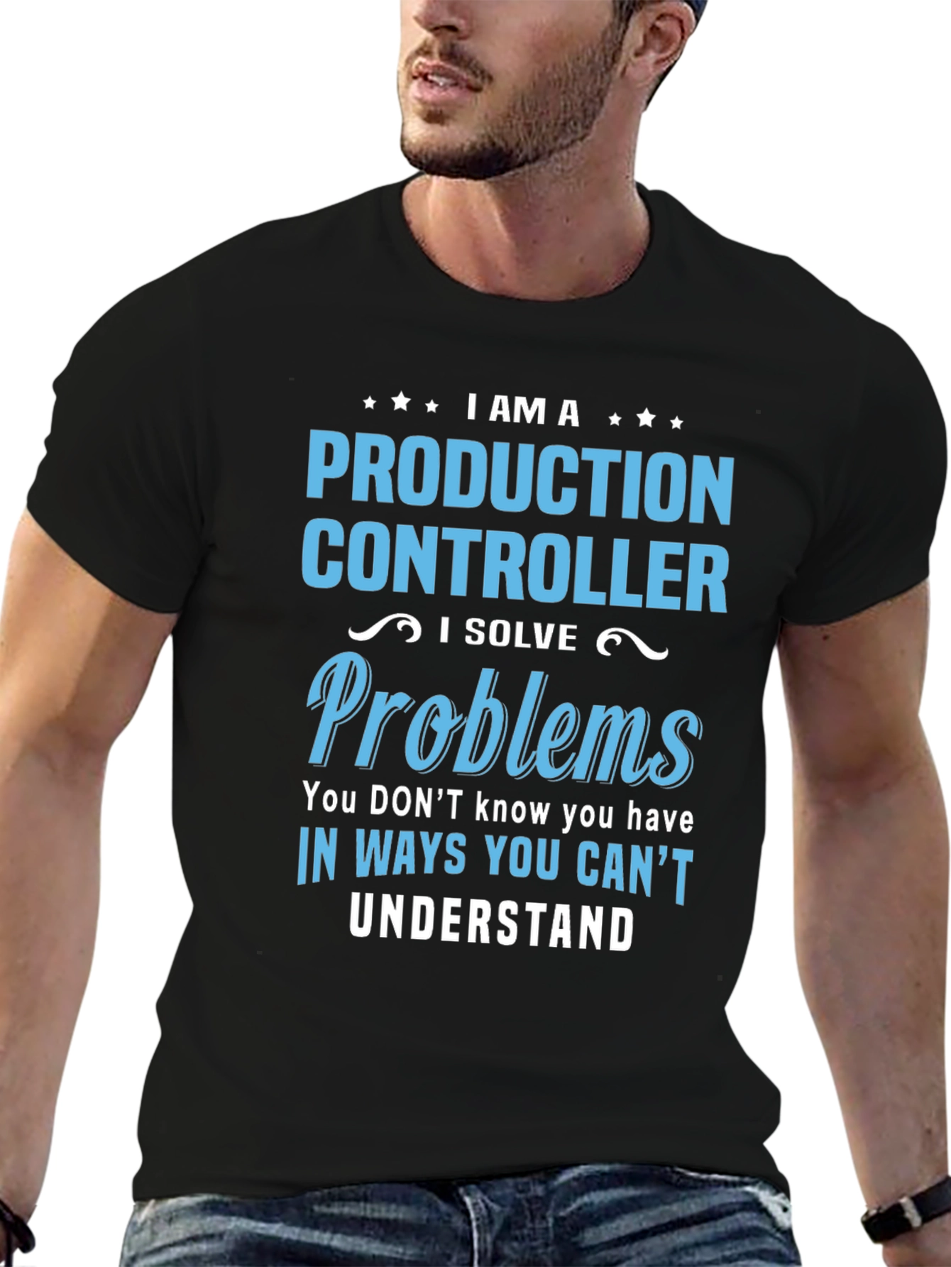Camiseta Negra Controlador de Producción Resuelve Problemas