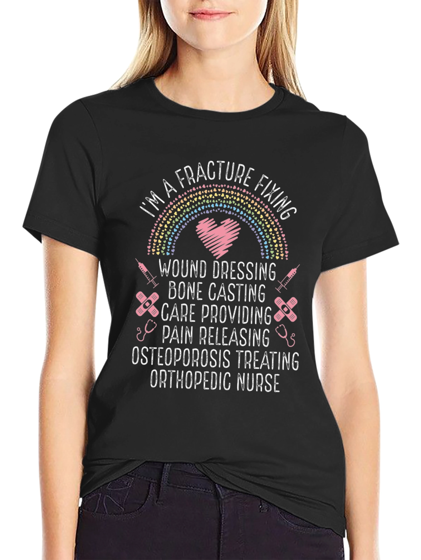 Camiseta Negra: Enfermera Ortopédica - Cuidado Fracturas