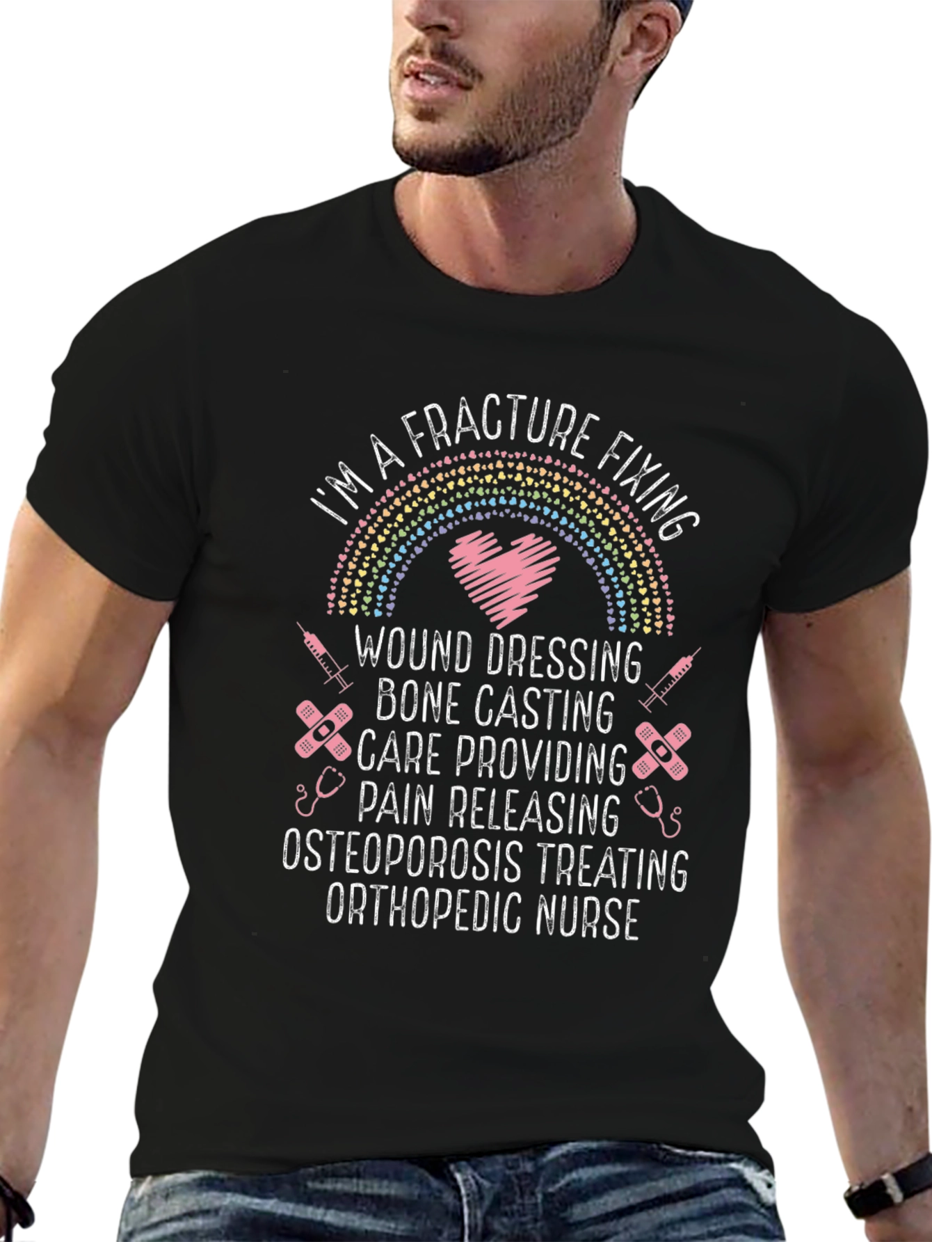 Camiseta Negra: Enfermera Ortopédica - Cuidado Fracturas