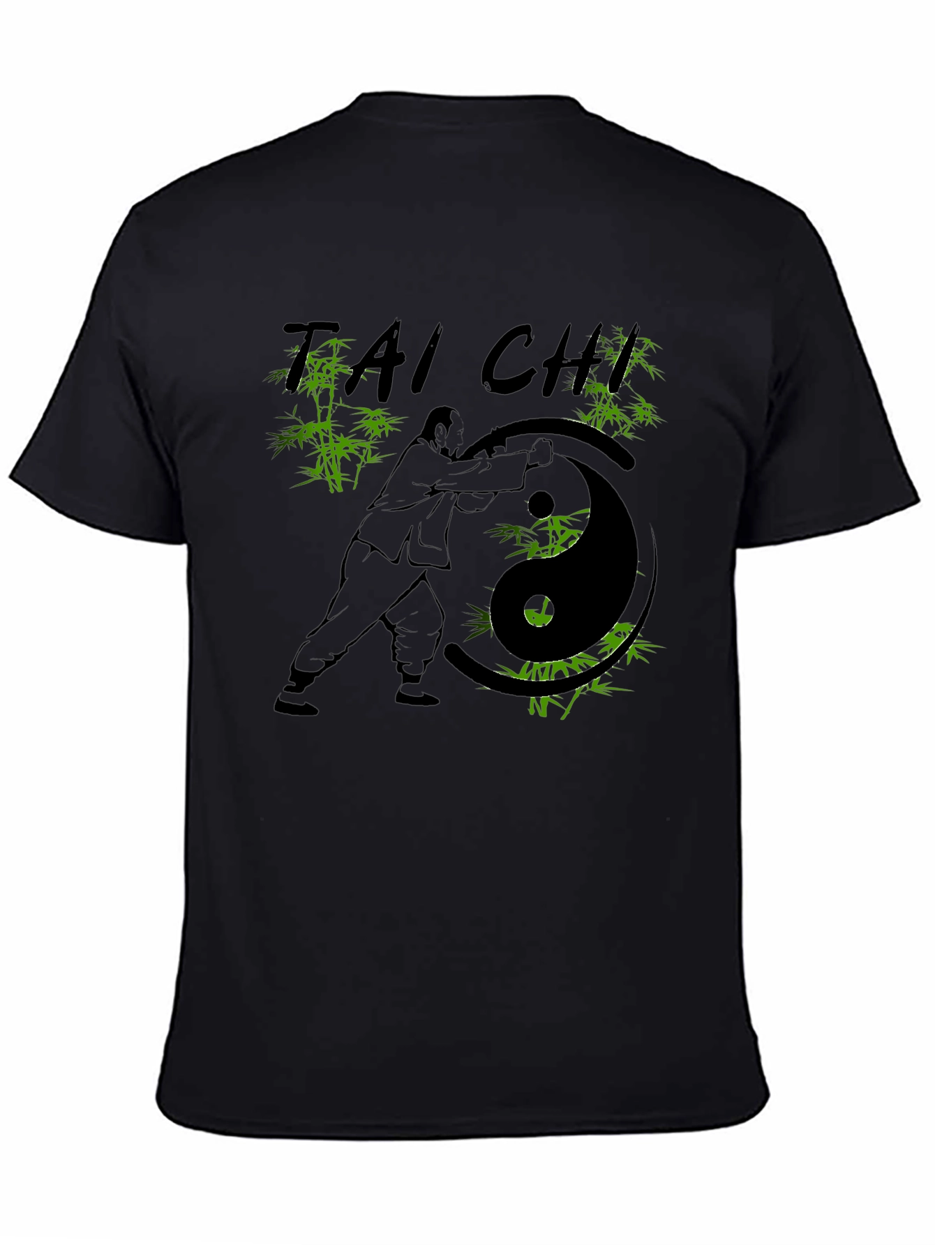 Camiseta Negra con Diseño de Tai Chi y Bambú