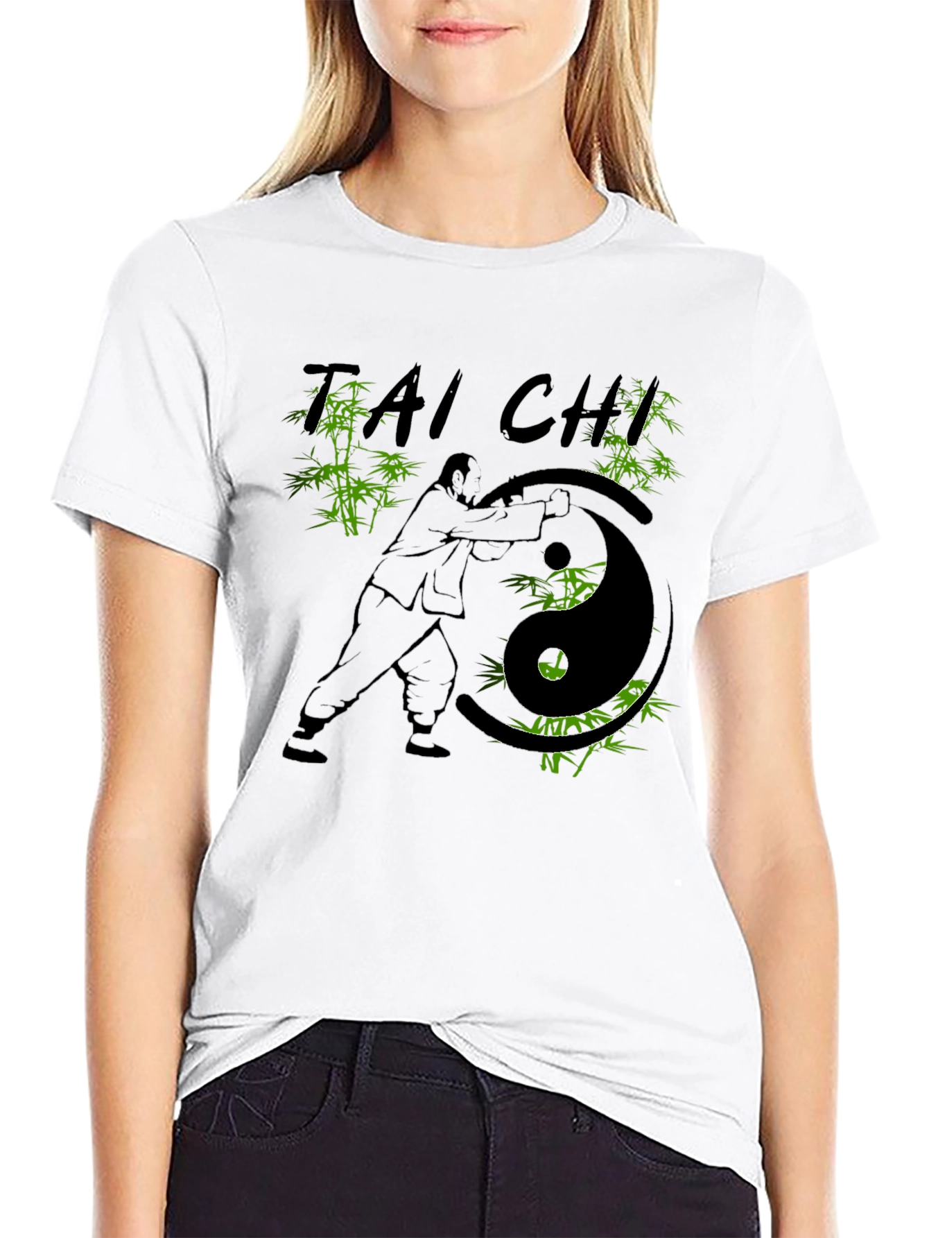 Camiseta Negra con Diseño de Tai Chi y Bambú