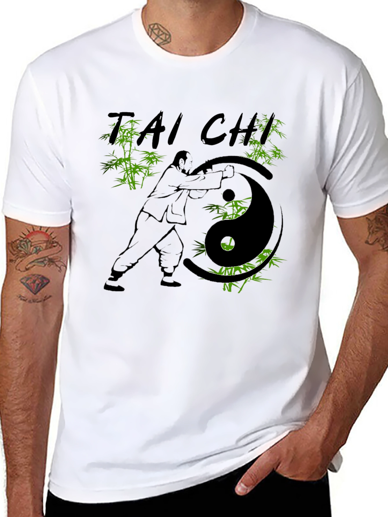 Camiseta Negra con Diseño de Tai Chi y Bambú