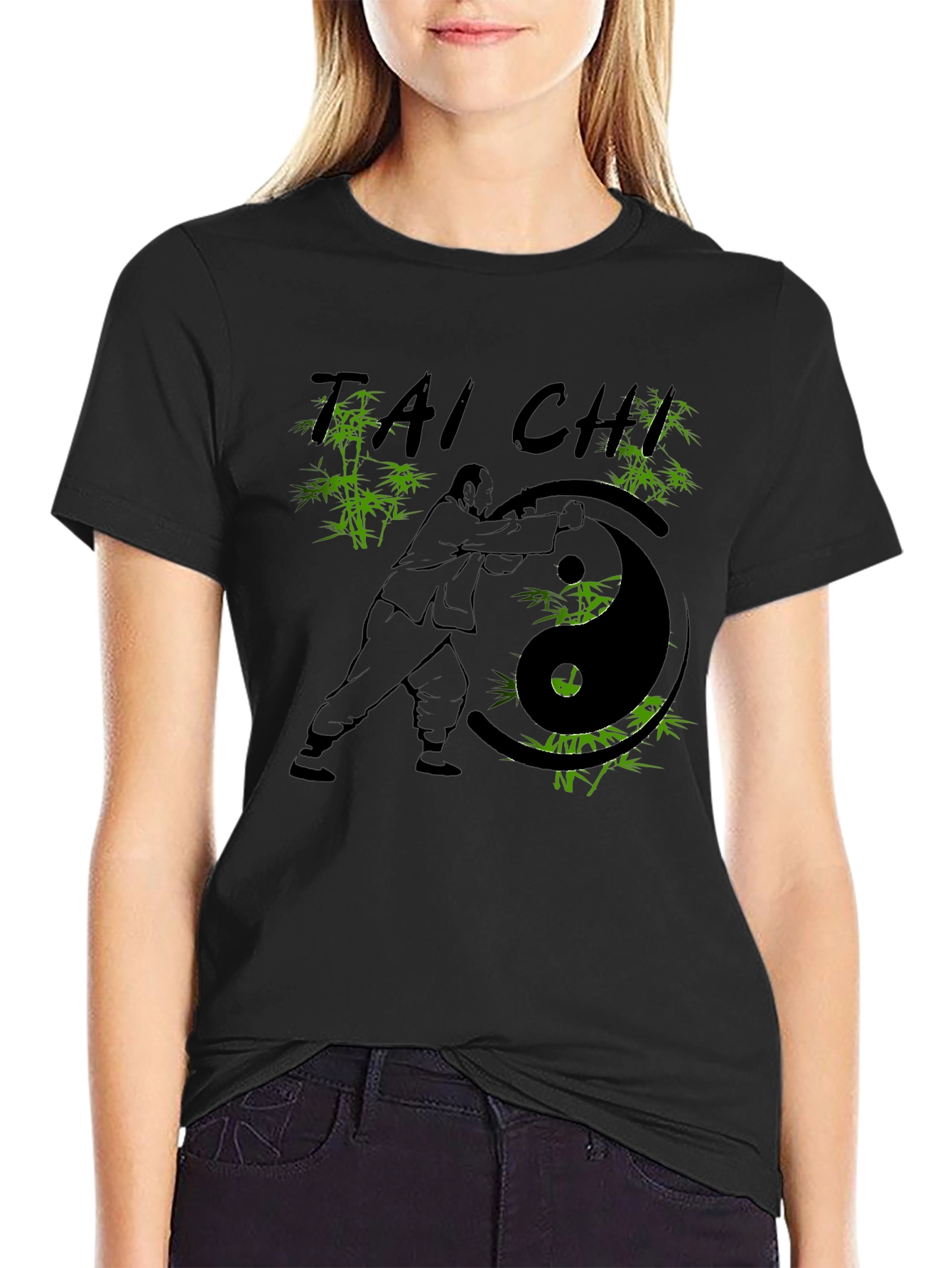 Camiseta Negra con Diseño de Tai Chi y Bambú