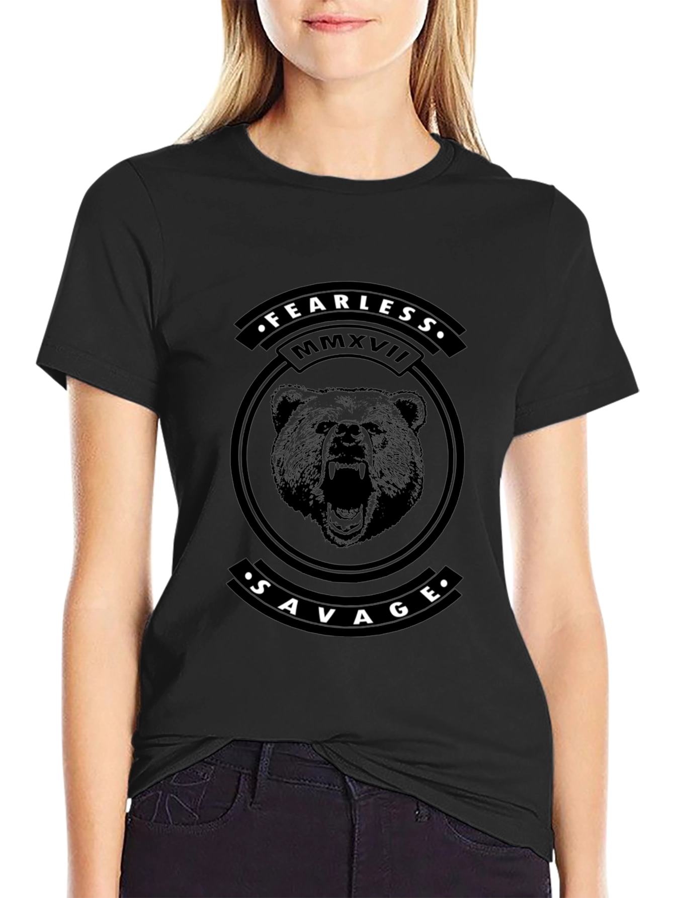 Camiseta Negra Fearless Savage Diseño Oso