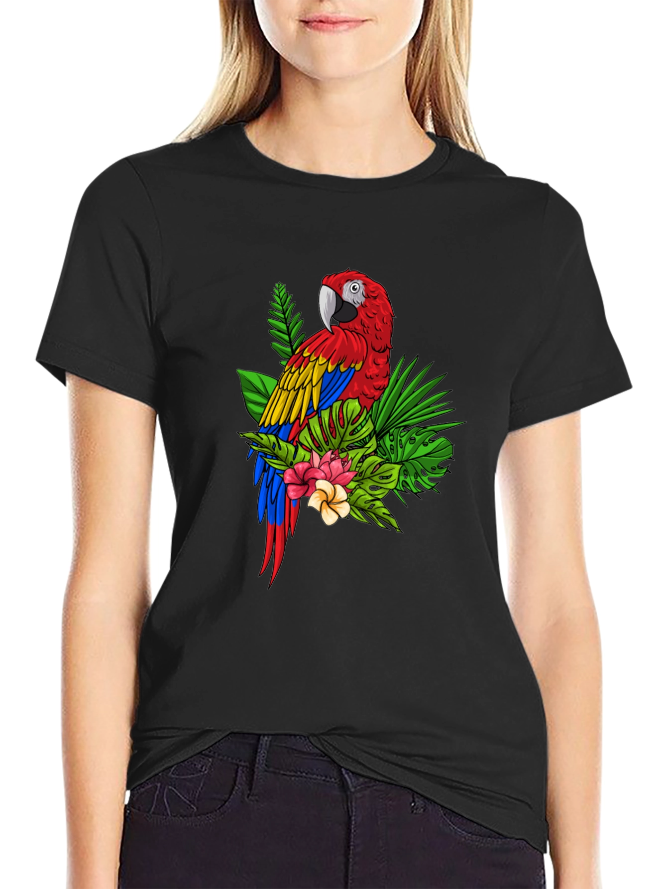 Camiseta Negra con Estampado de Guacamayo Tropical