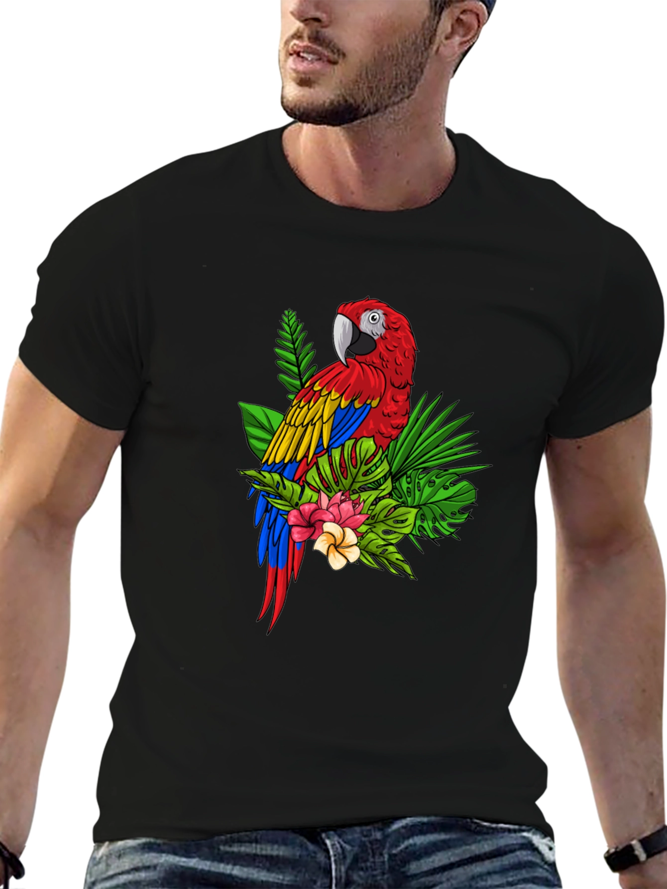 Camiseta Negra con Estampado de Guacamayo Tropical