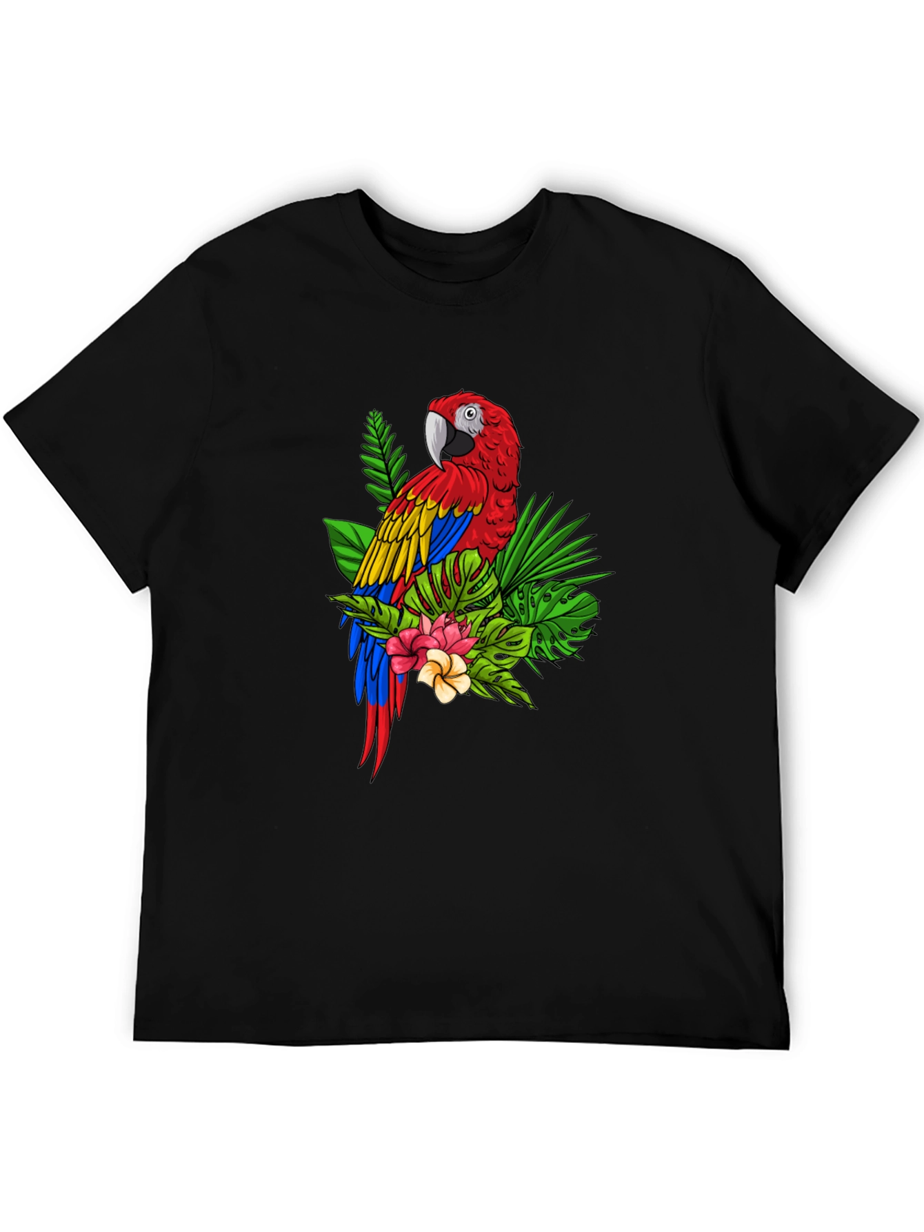Camiseta Negra con Estampado de Guacamayo Tropical