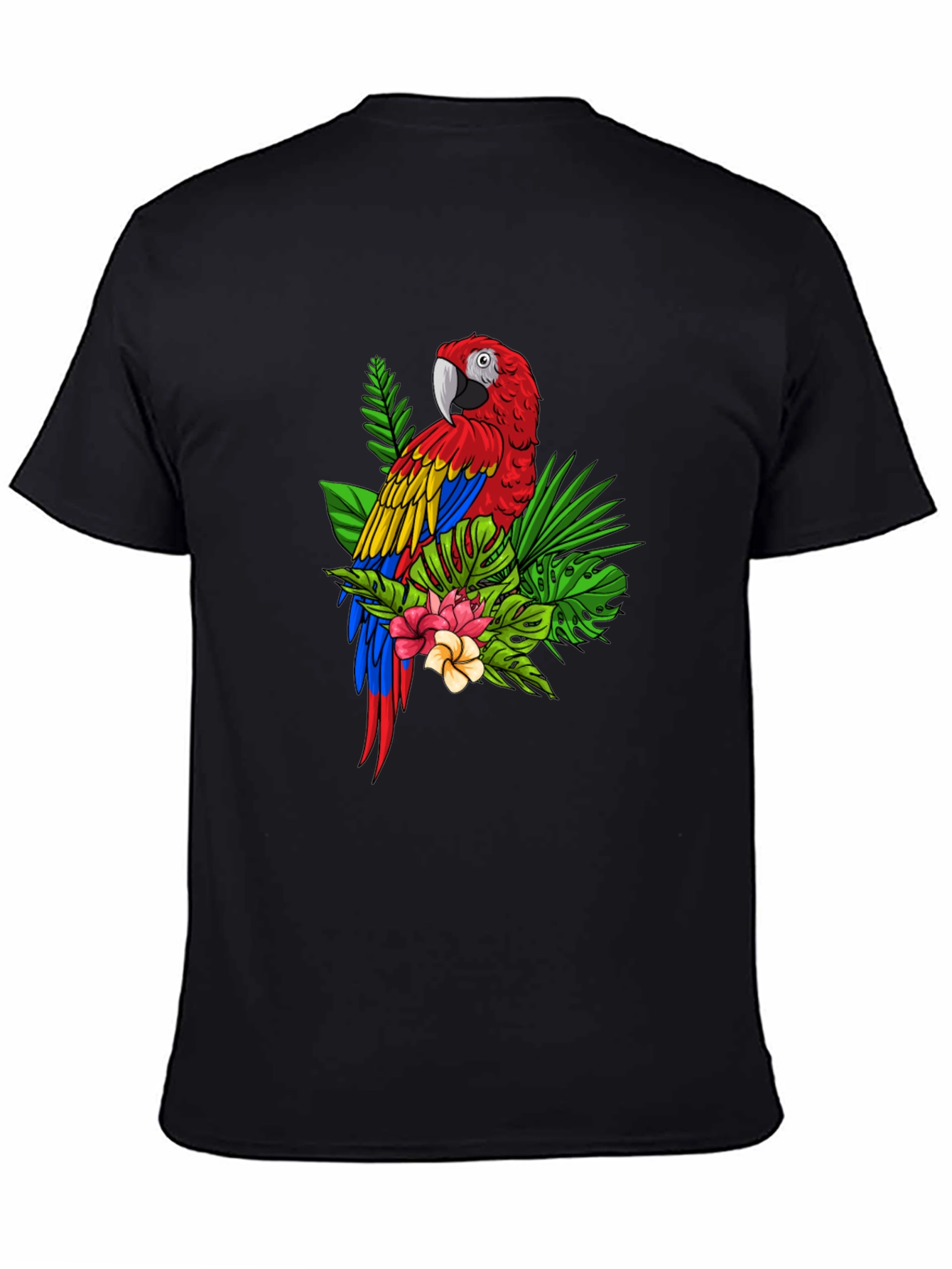 Camiseta Negra con Estampado de Guacamayo Tropical