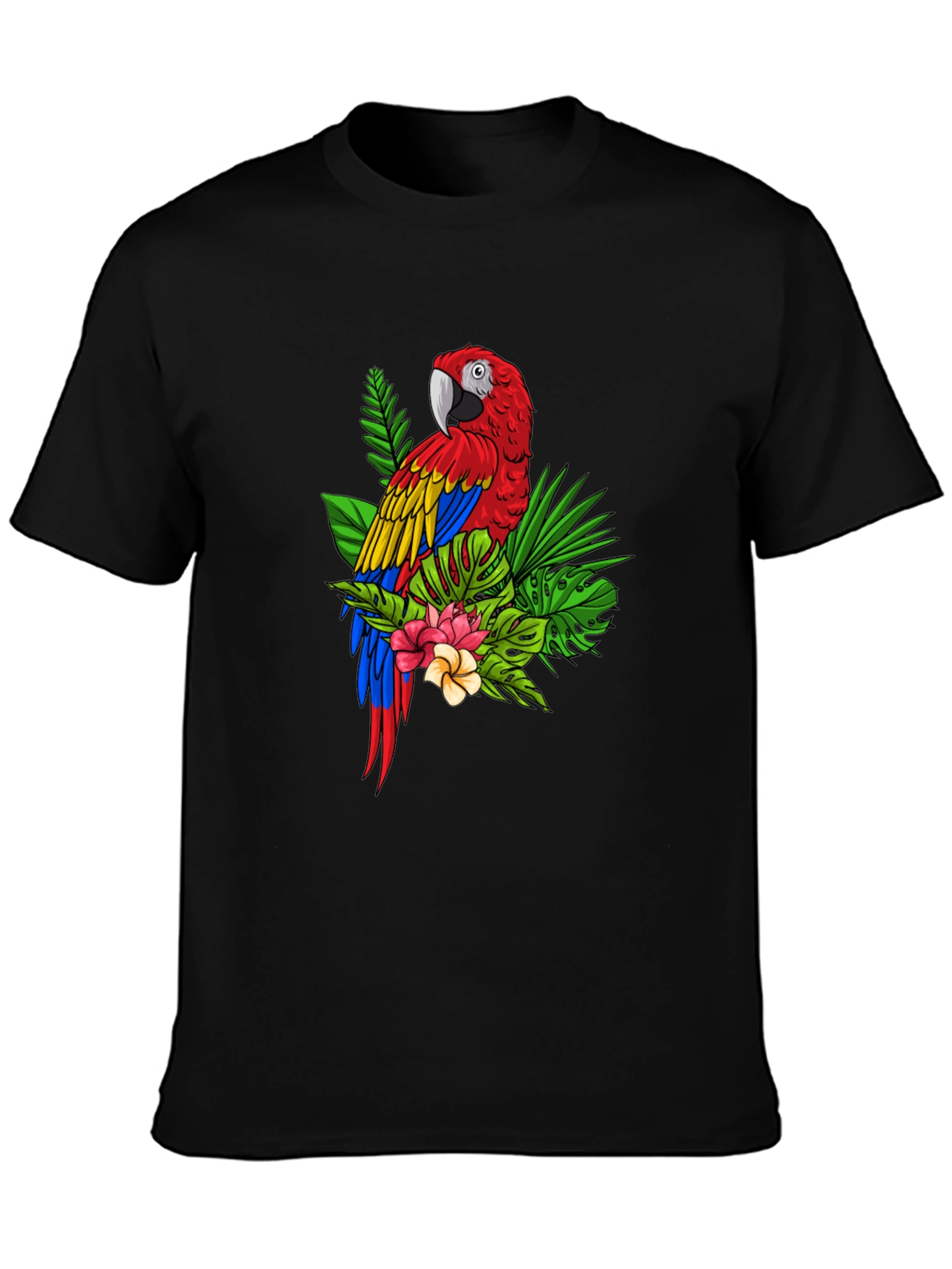 Camiseta Negra con Estampado de Guacamayo Tropical