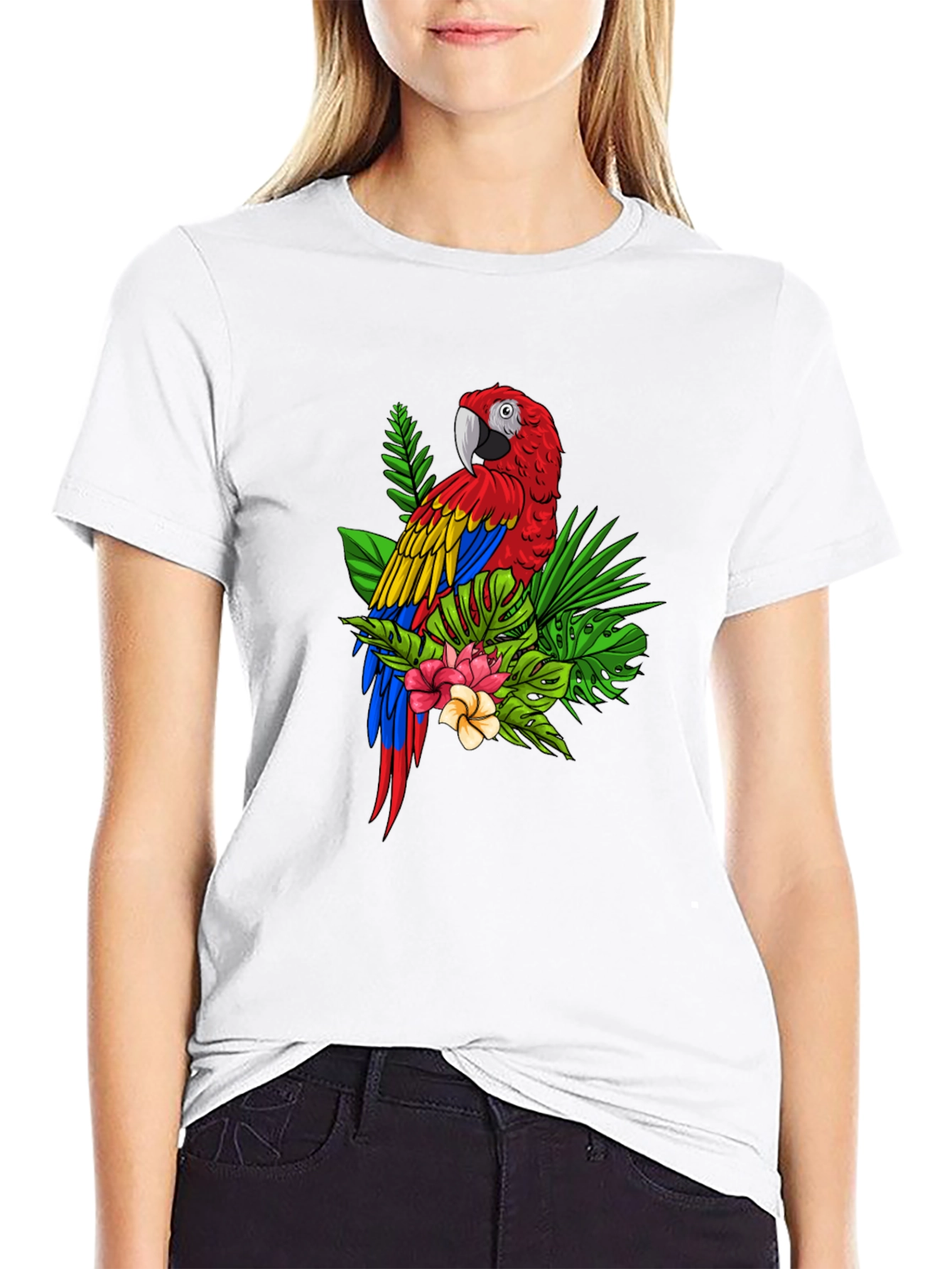 Camiseta Negra con Estampado de Guacamayo Tropical