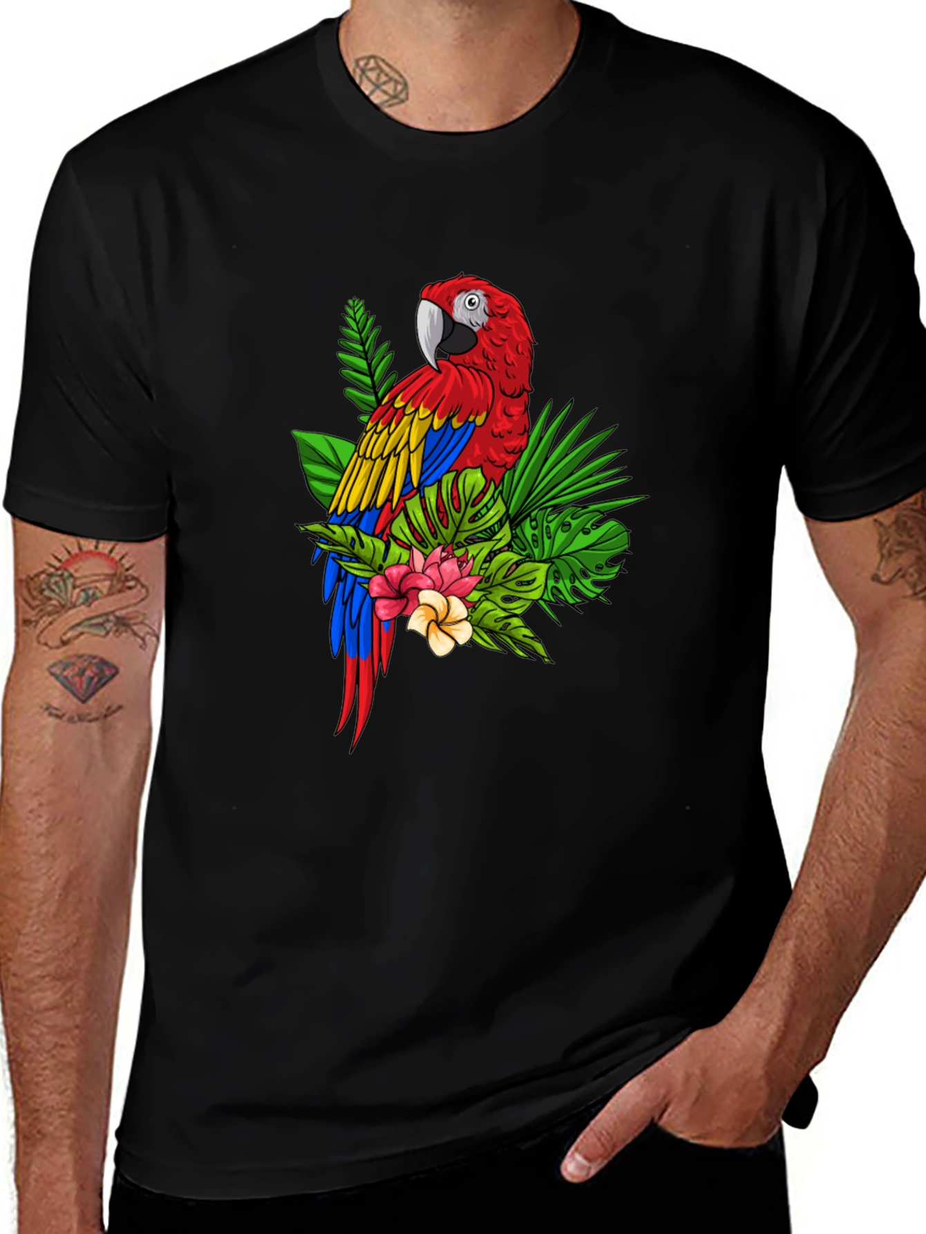 Camiseta Negra con Estampado de Guacamayo Tropical