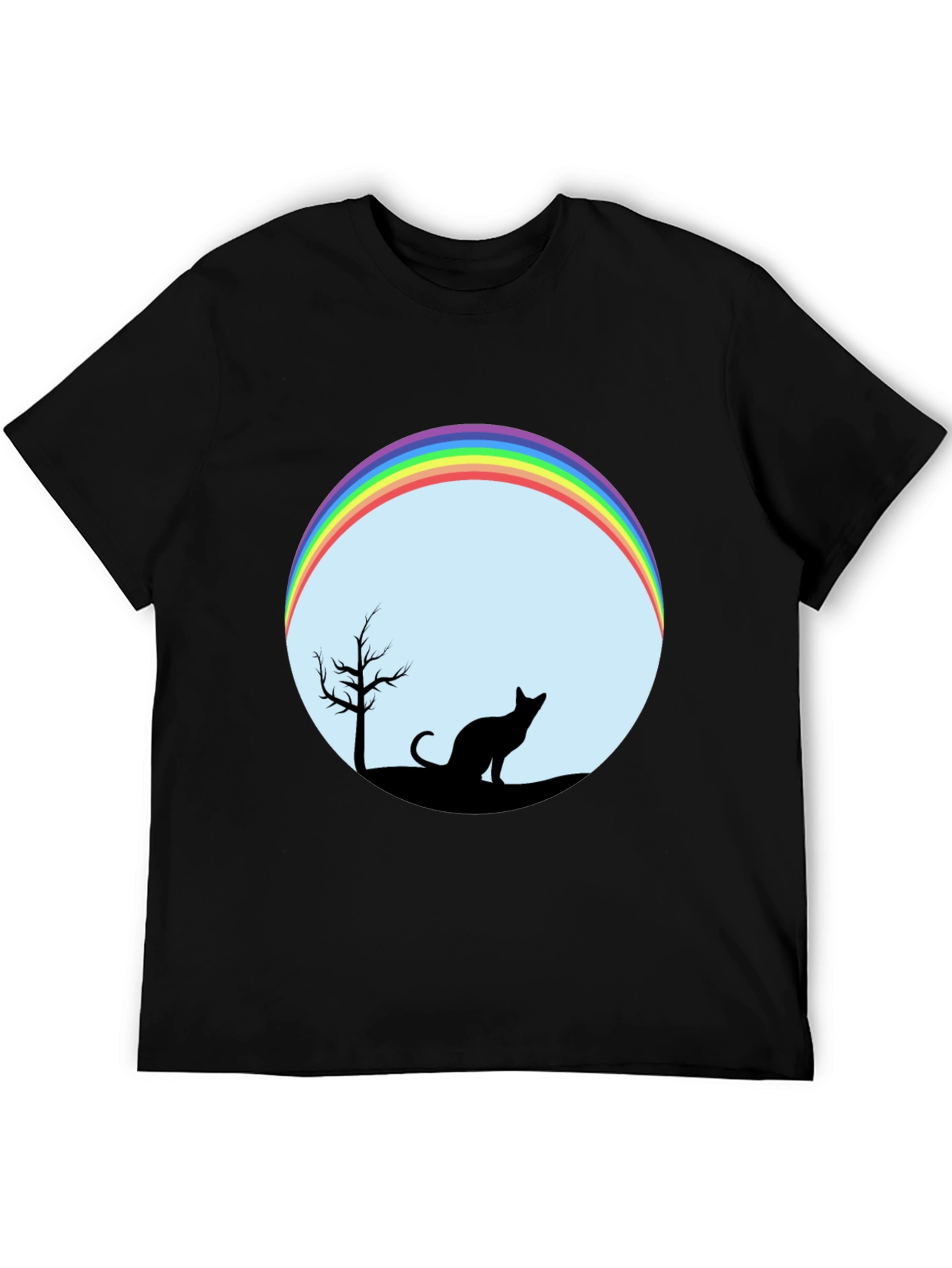 Camiseta Negra con Diseño de Gato y Arcoíris