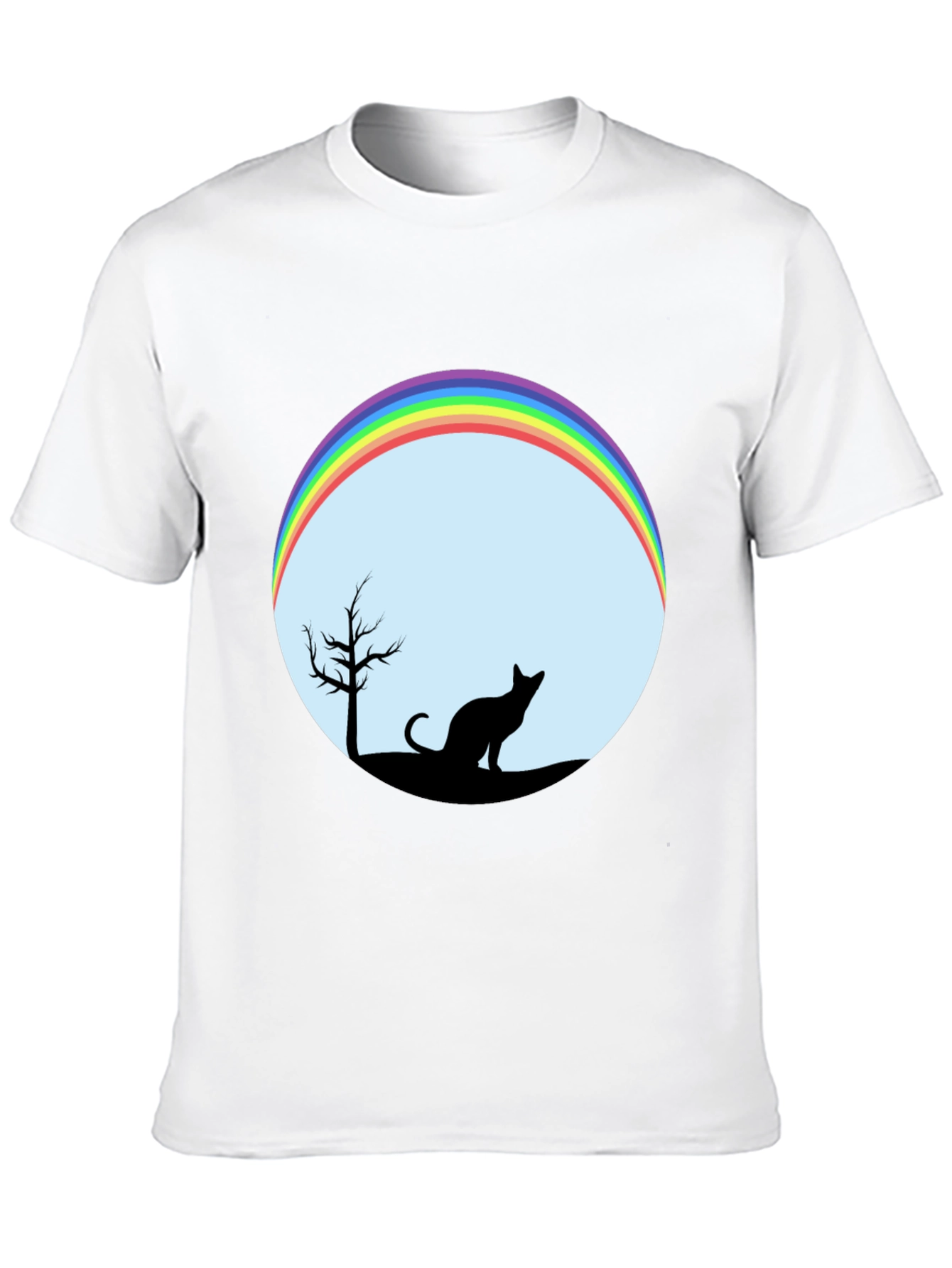 Camiseta Negra con Diseño de Gato y Arcoíris