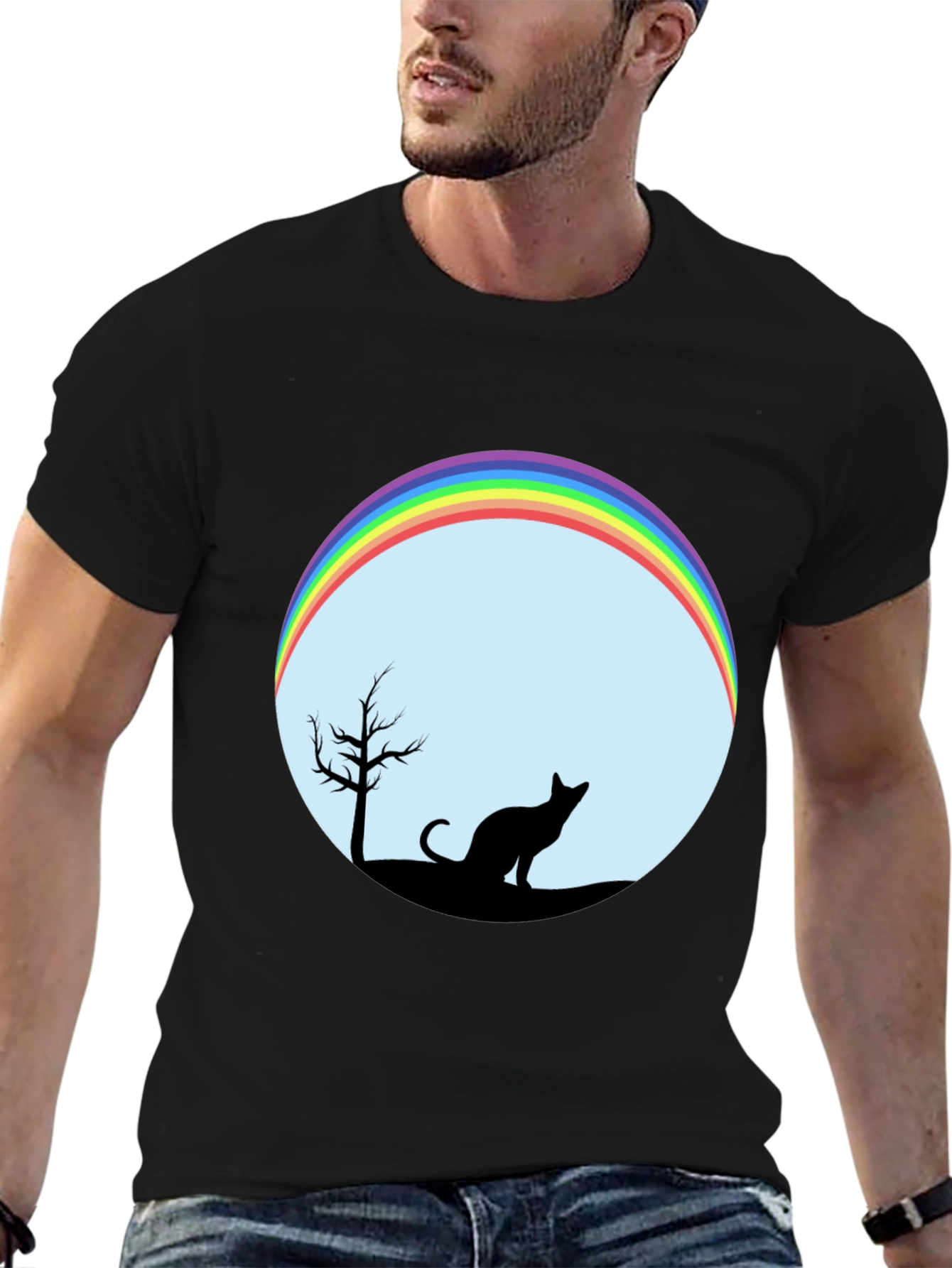 Camiseta Negra con Diseño de Gato y Arcoíris