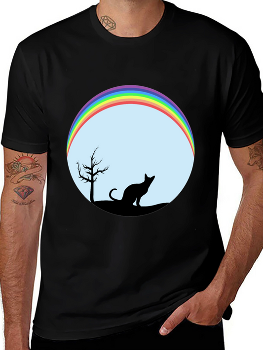 Camiseta Negra con Diseño de Gato y Arcoíris