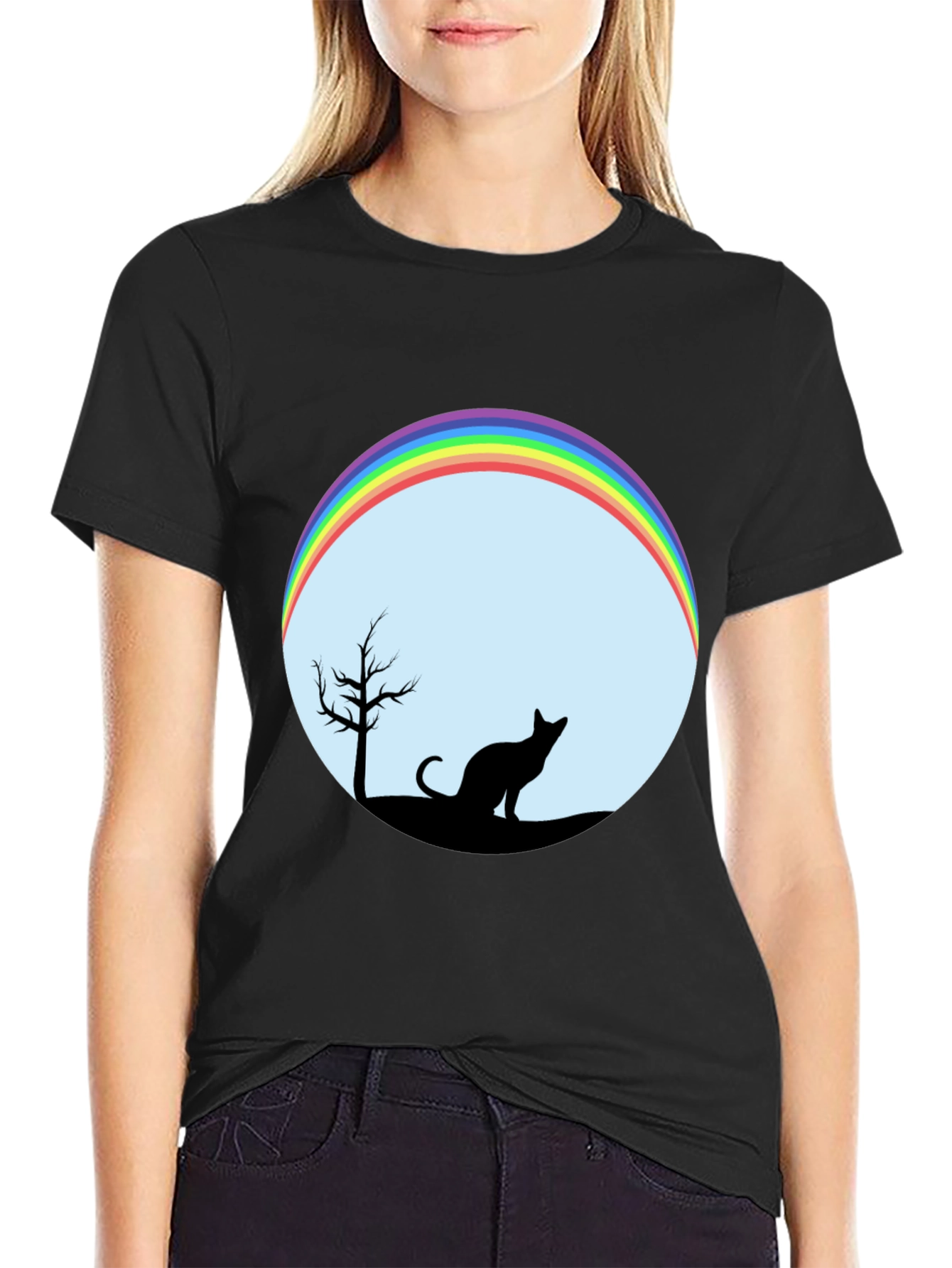 Camiseta Negra con Diseño de Gato y Arcoíris