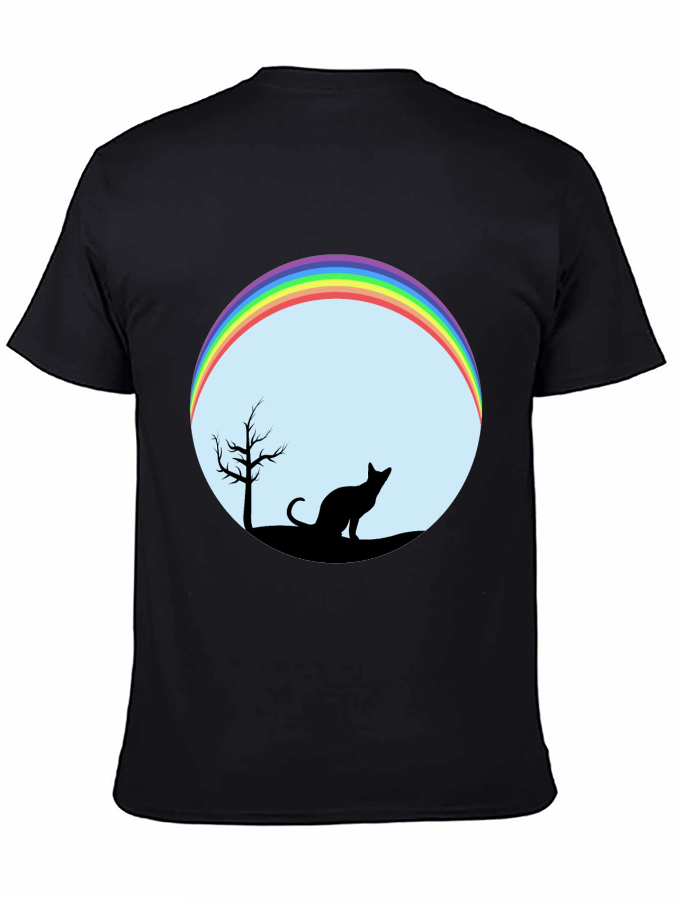 Camiseta Negra con Diseño de Gato y Arcoíris