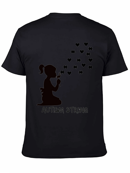 Camiseta Negra Autismo Fuerte Corazones y Rompecabezas