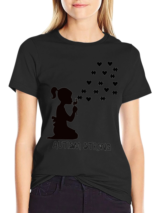 Camiseta Negra Autismo Fuerte Corazones y Rompecabezas