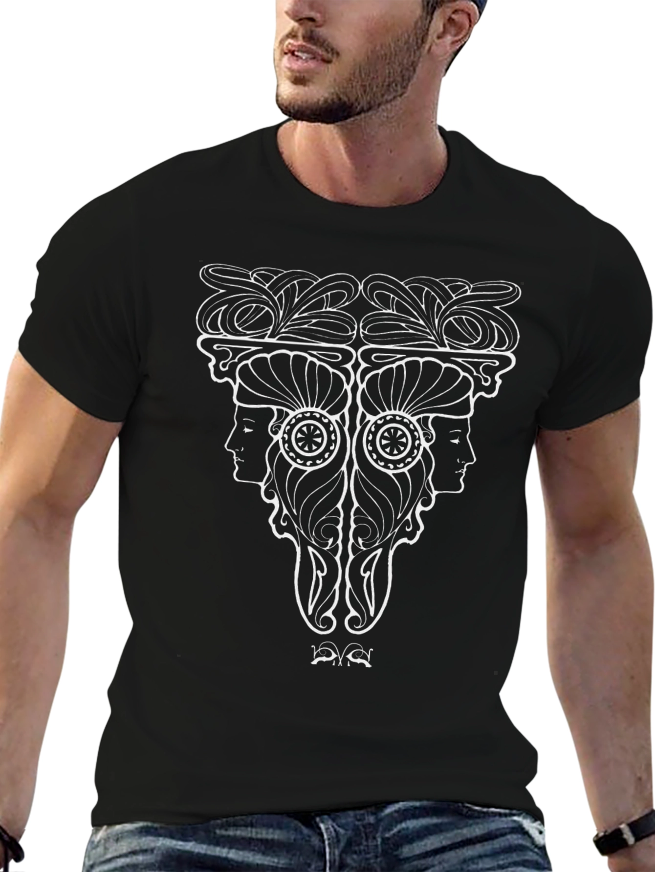 Camiseta Negra con Diseño Art Nouveau de Mujeres
