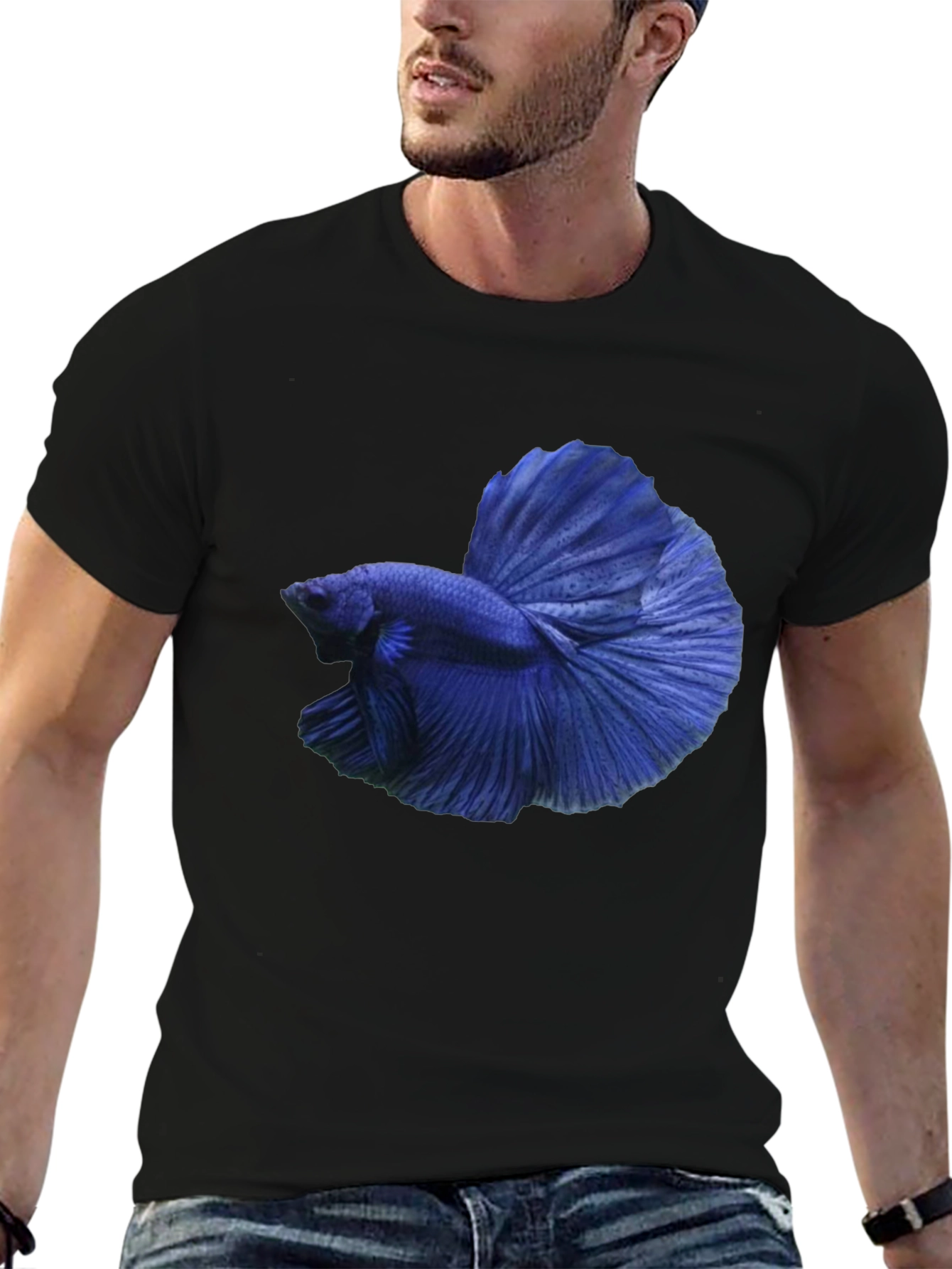 Camiseta Negra con Diseño de Pez Betta Azul