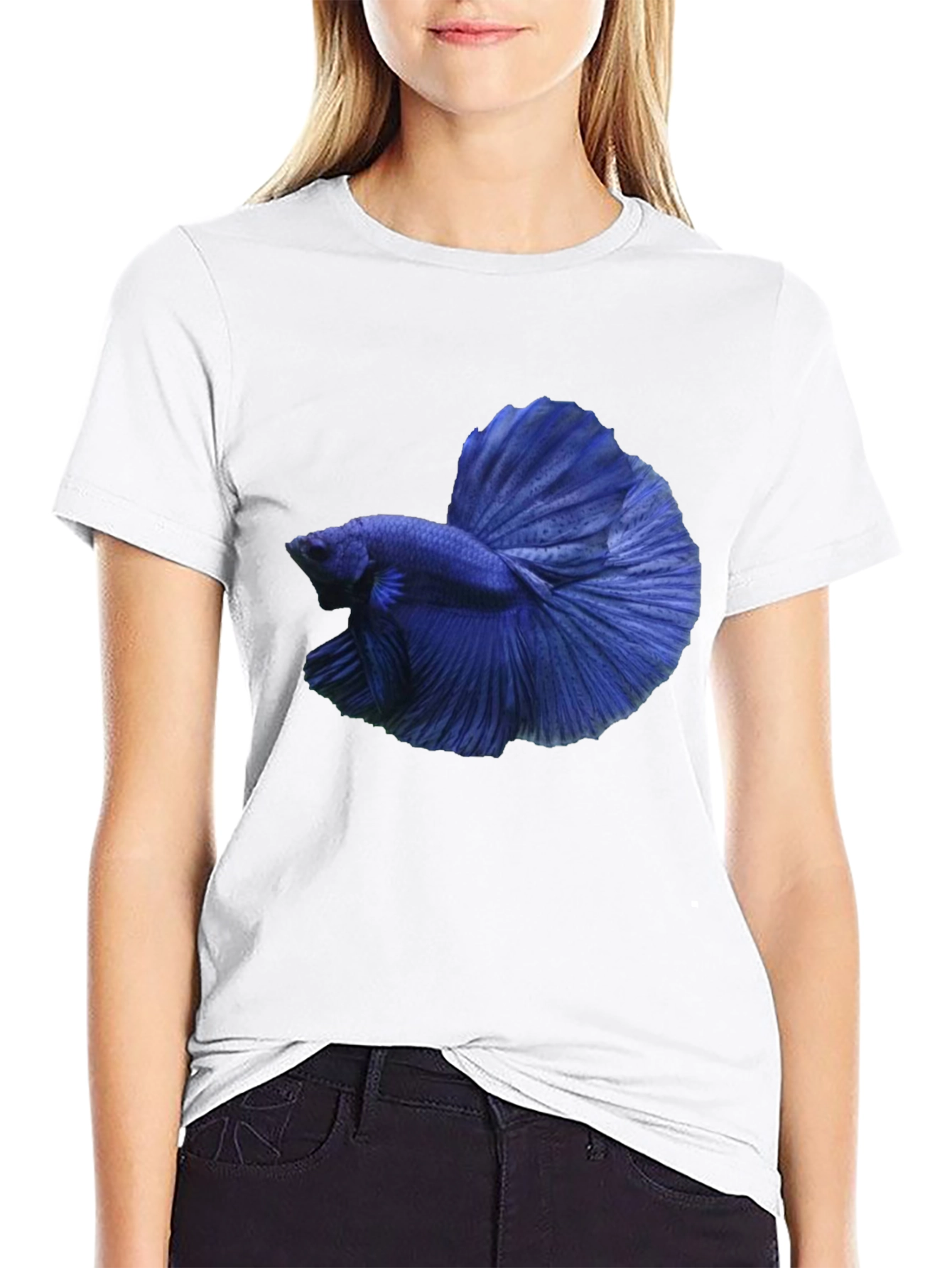 Camiseta Negra con Diseño de Pez Betta Azul