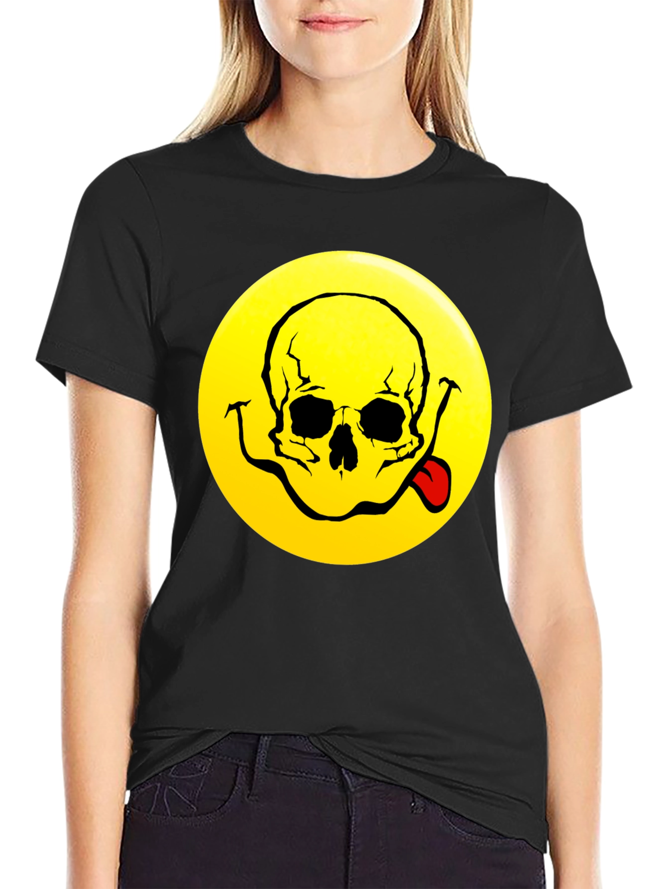Camiseta Negra con Diseño Calavera Smiley