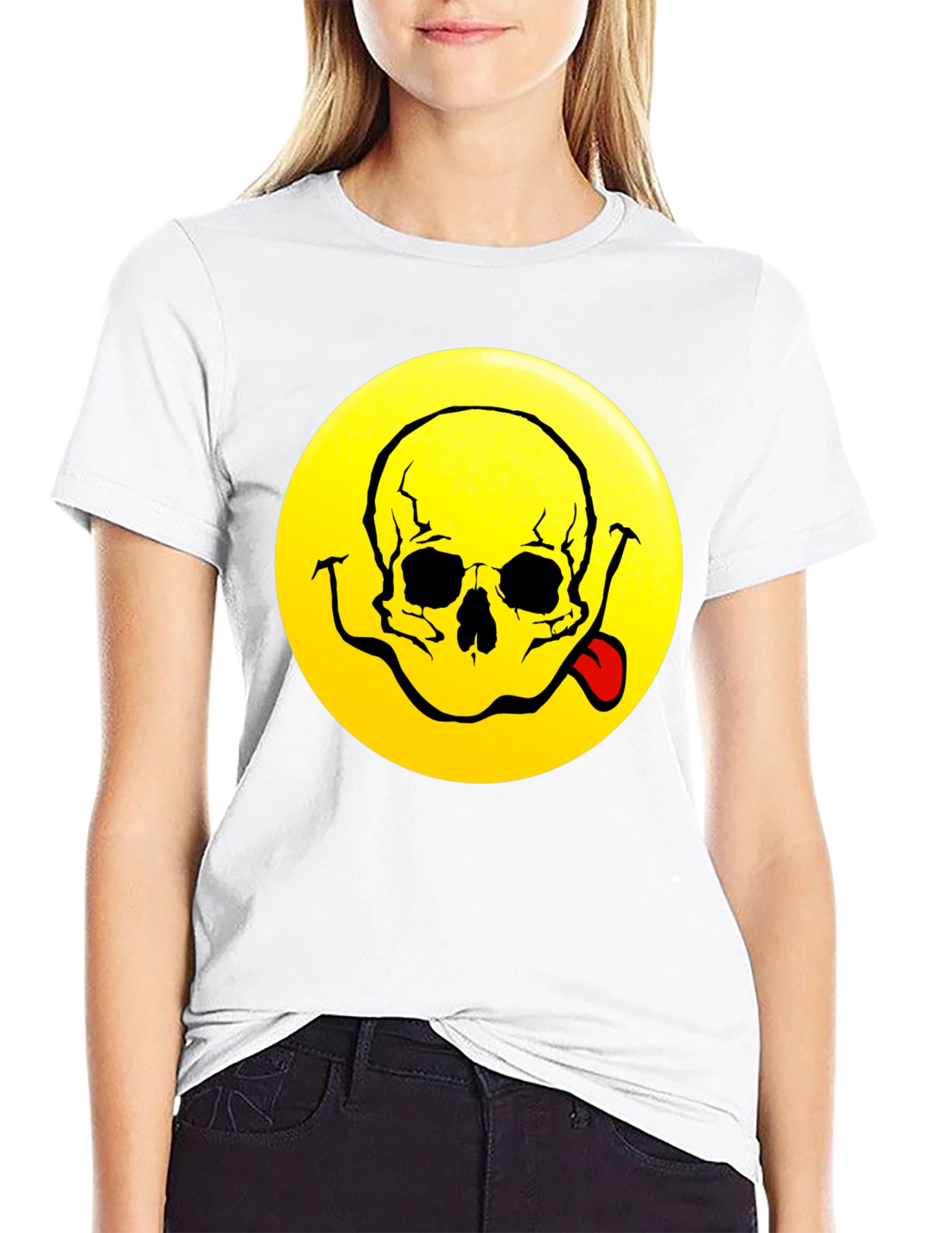 Camiseta Negra con Diseño Calavera Smiley