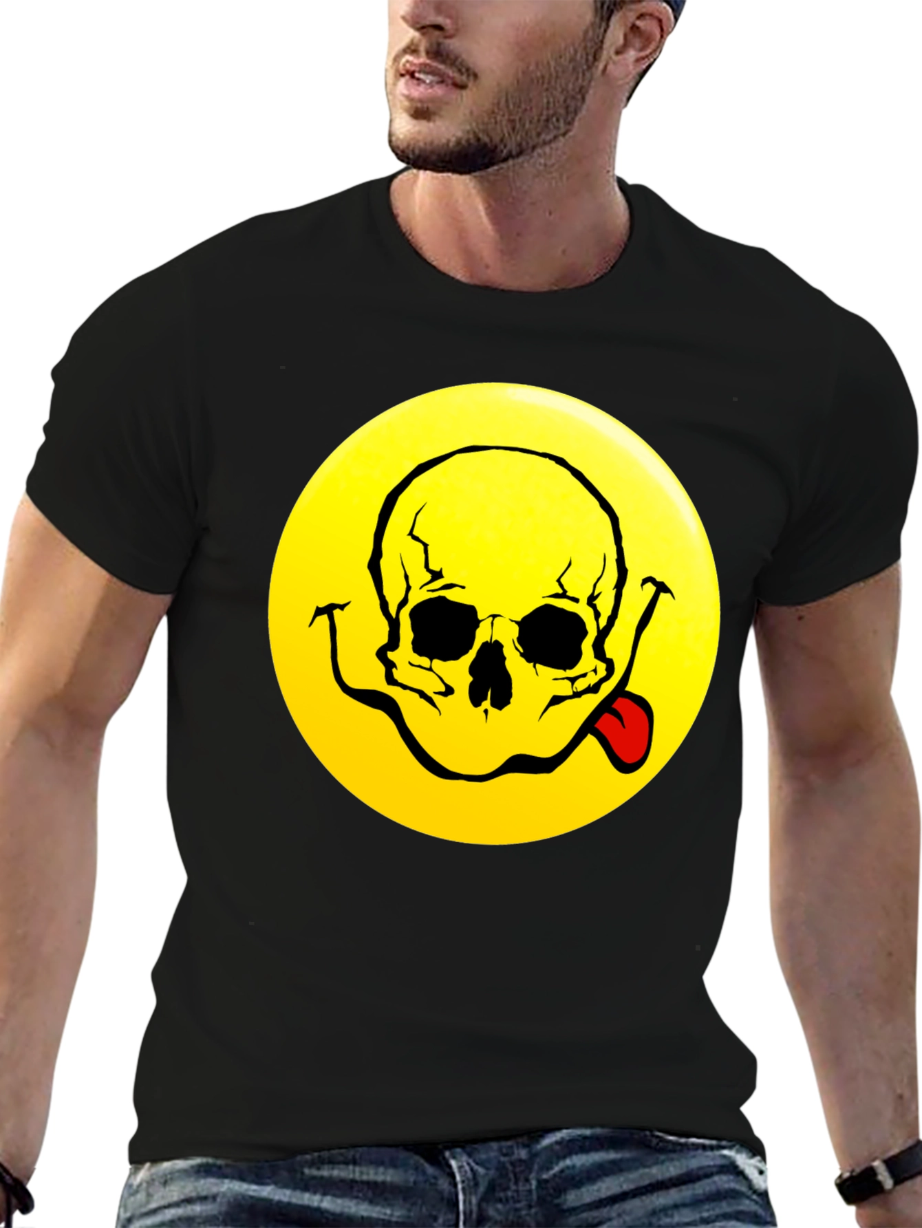 Camiseta Negra con Diseño Calavera Smiley